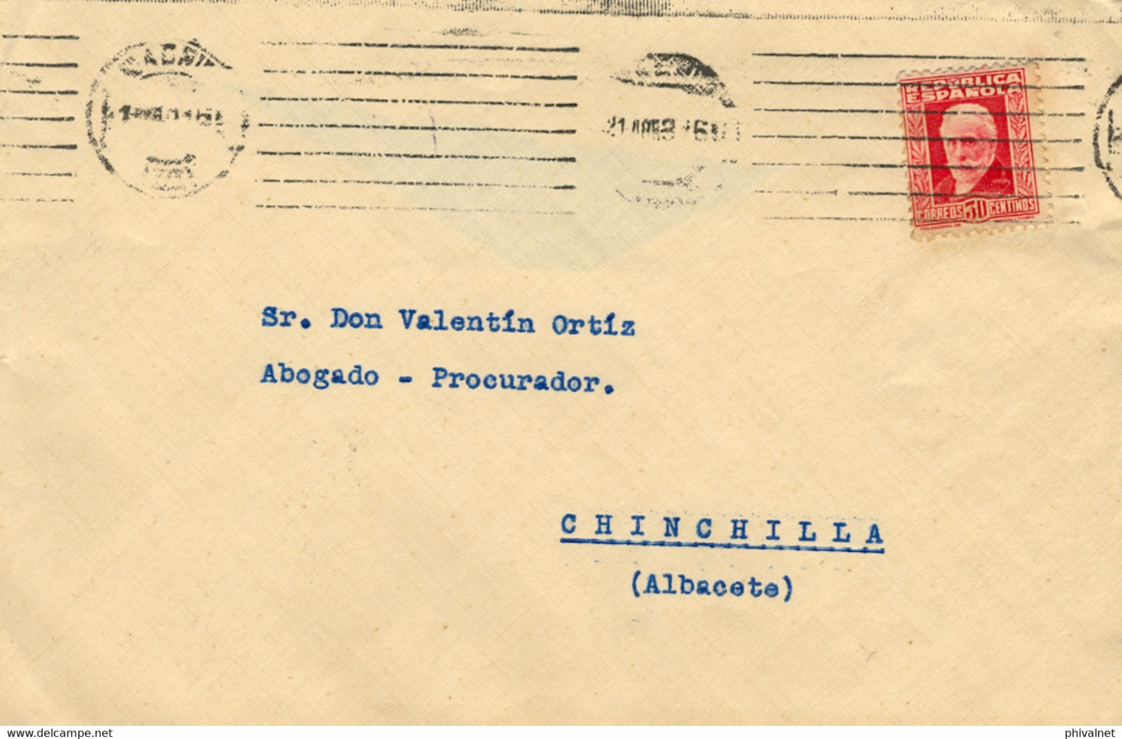 1933 ALBACETE , SOBRE CIRCULADO A CHINCHILLA , LLEGADA  AL DORSO . - Covers & Documents
