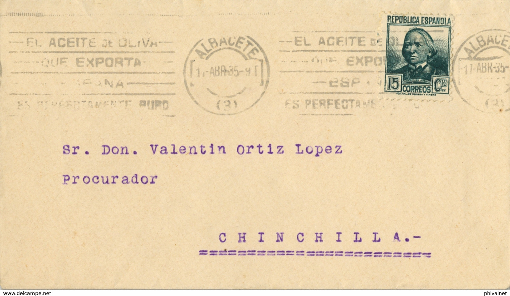 1935 ALBACETE , SOBRE CIRCULADO A CHINCHILLA - Brieven En Documenten