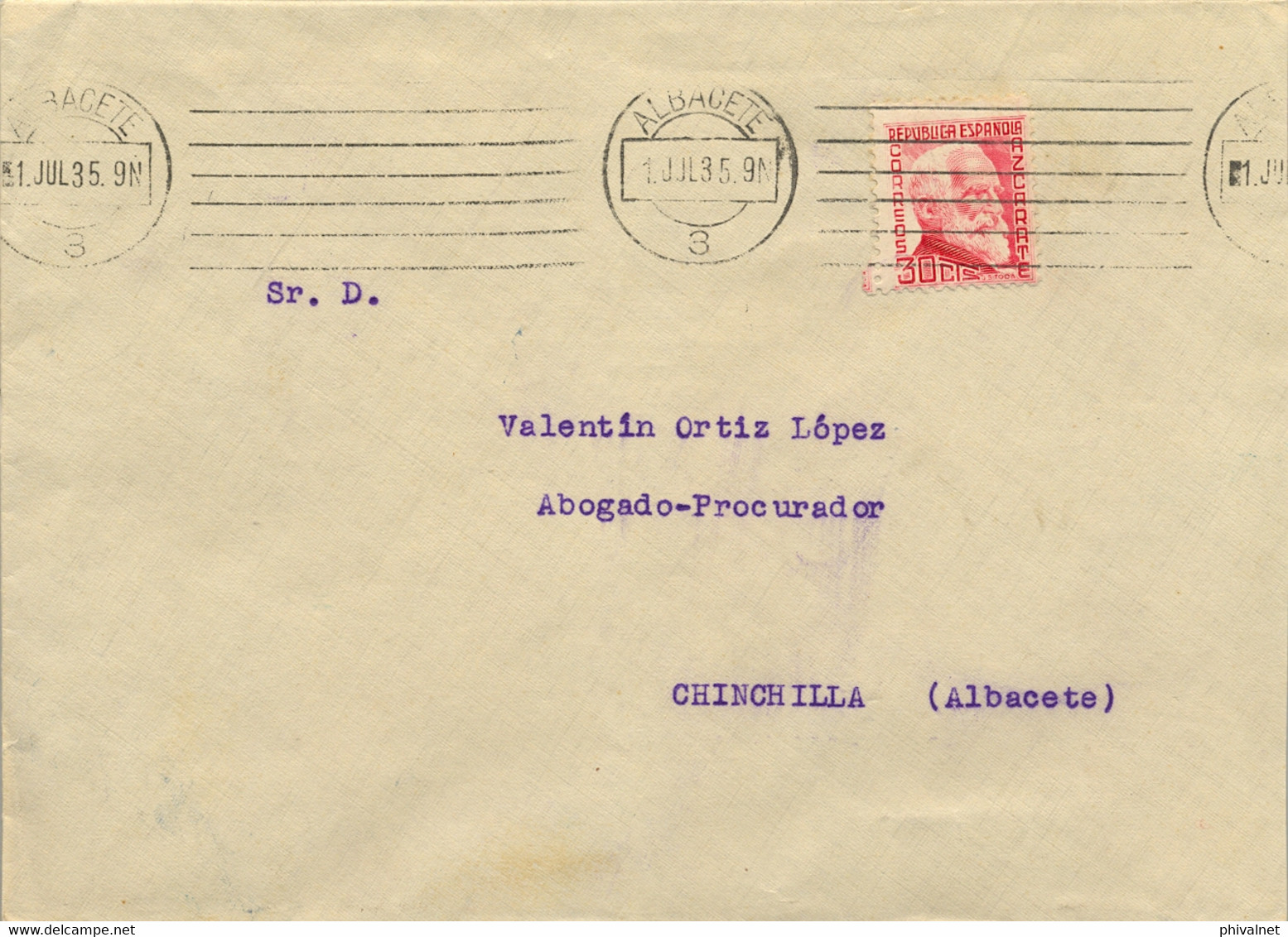 1935 ALBACETE , SOBRE CIRCULADO A CHINCHILLA CON LLEGADA EN AZUL AL DORSO - Briefe U. Dokumente