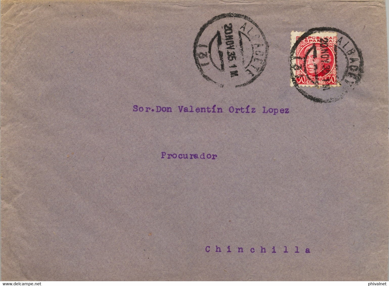 1935 ALBACETE , SOBRE CIRCULADO A CHINCHILLA CON LLEGADA EN AZUL AL DORSO - Storia Postale