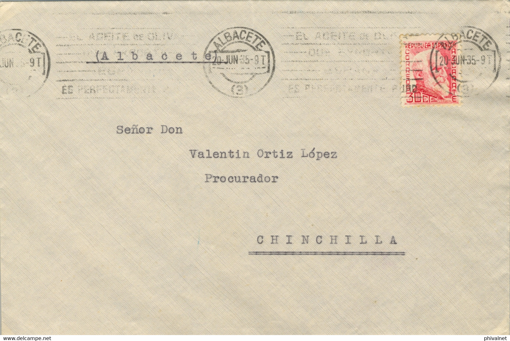1935 ALBACETE , SOBRE CIRCULADO A CHINCHILLA CON LLEGADA EN AZUL AL DORSO - Brieven En Documenten