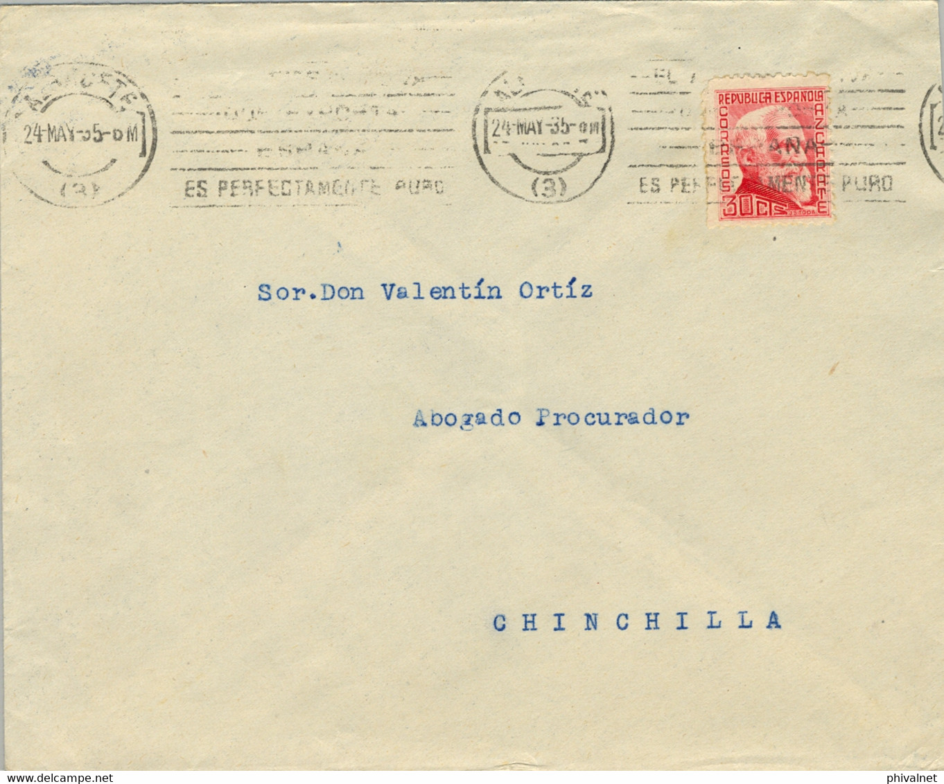 1935  ALBACETE , SOBRE CIRCULADO A CHINCHILLA CON LLEGADA  EN AZUL AL DORSO - Covers & Documents