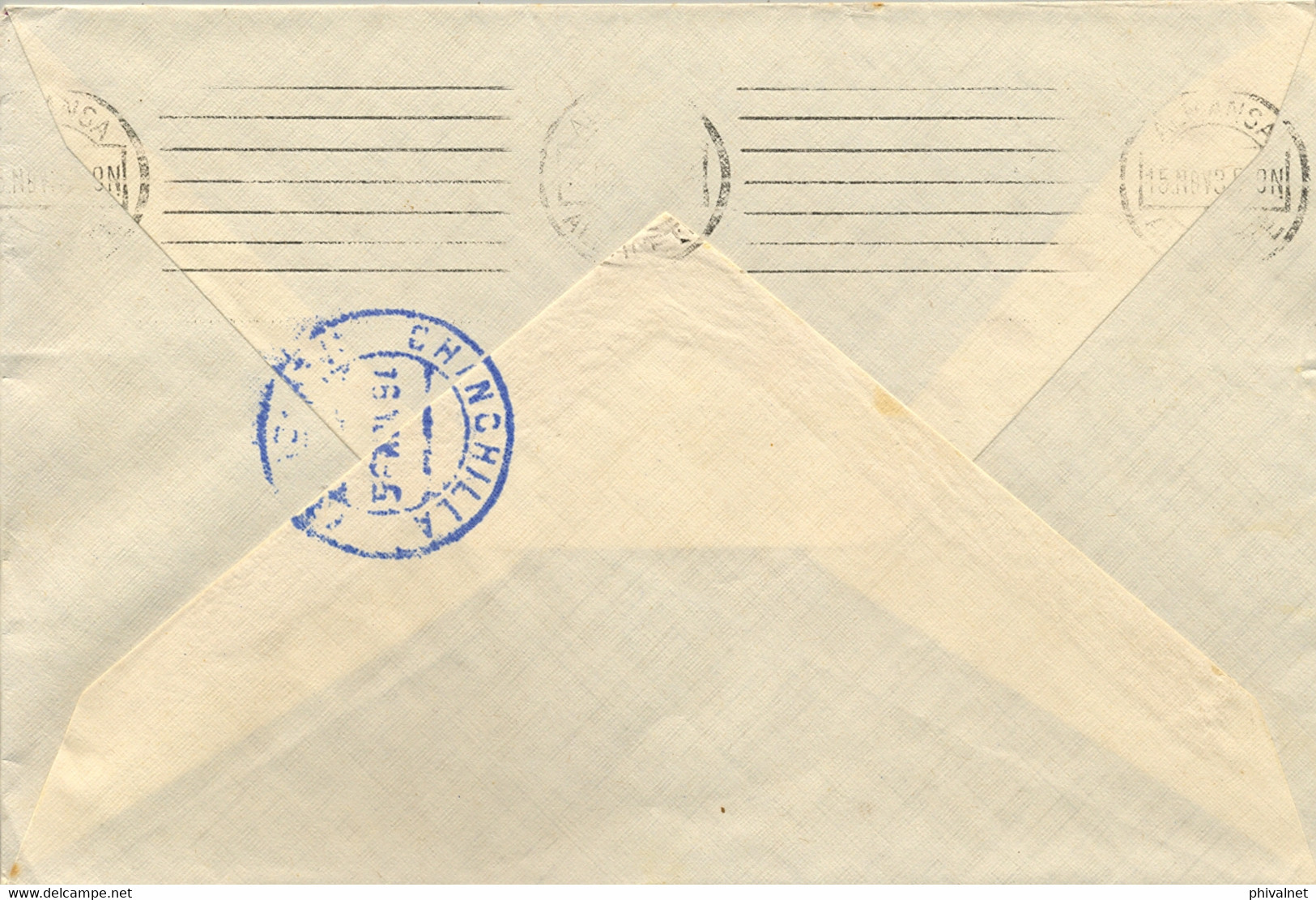 1935  ALBACETE , SOBRE CIRCULADO DE FUENTE ALAMO  A CHINCHILLA CON LLEGADA  EN AZUL Y RODILLO DE ALMANSA AL DORSO - Storia Postale