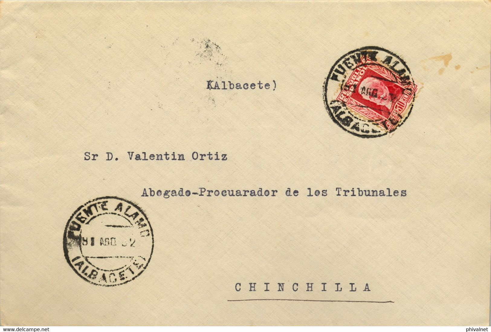 1932  ALBACETE , SOBRE CIRCULADO DE FUENTE ALAMO  A CHINCHILLA CON LLEGADA  AL DORSO Y TRÁNSITO DE ALMANSA - Lettres & Documents