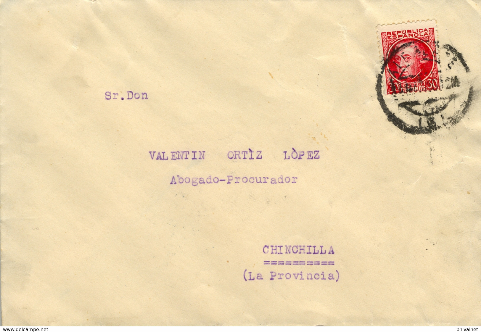 ALBACETE , SOBRE CIRCULADO  A CHINCHILLA CON LLEGADA EN AZUL AL DORSO - Lettres & Documents