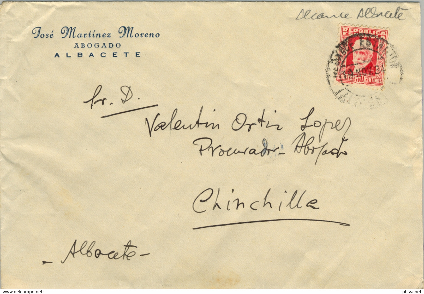 1934  ALBACETE , SOBRE CIRCULADO  A CHINCHILLA CON LLEGADA EN AZUL AL DORSO , MAT. " ALCANCE ESTACIÓN " - Covers & Documents