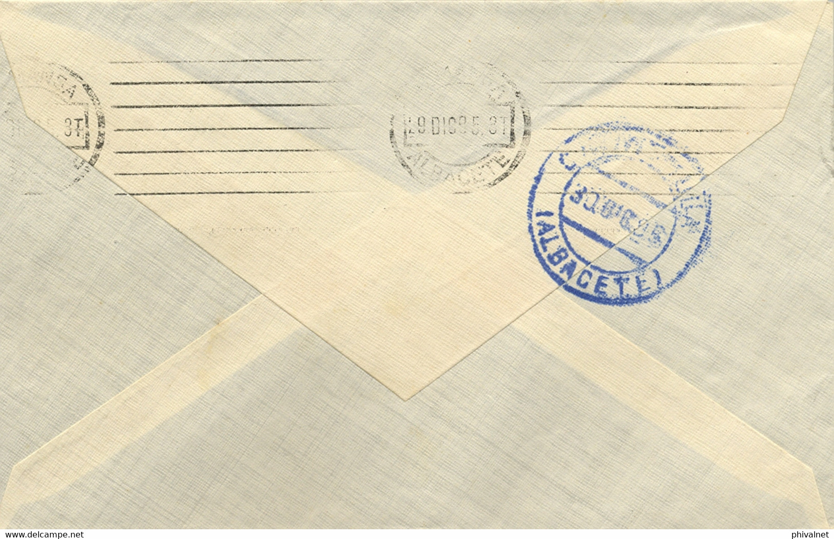 1935  ALBACETE , SOBRE CIRCULADO  DE FUENTE ALAMO A CHINCHILLA , LLEGADA EN AZUL AL DORSO , RODILLO ALMANSA - Lettres & Documents
