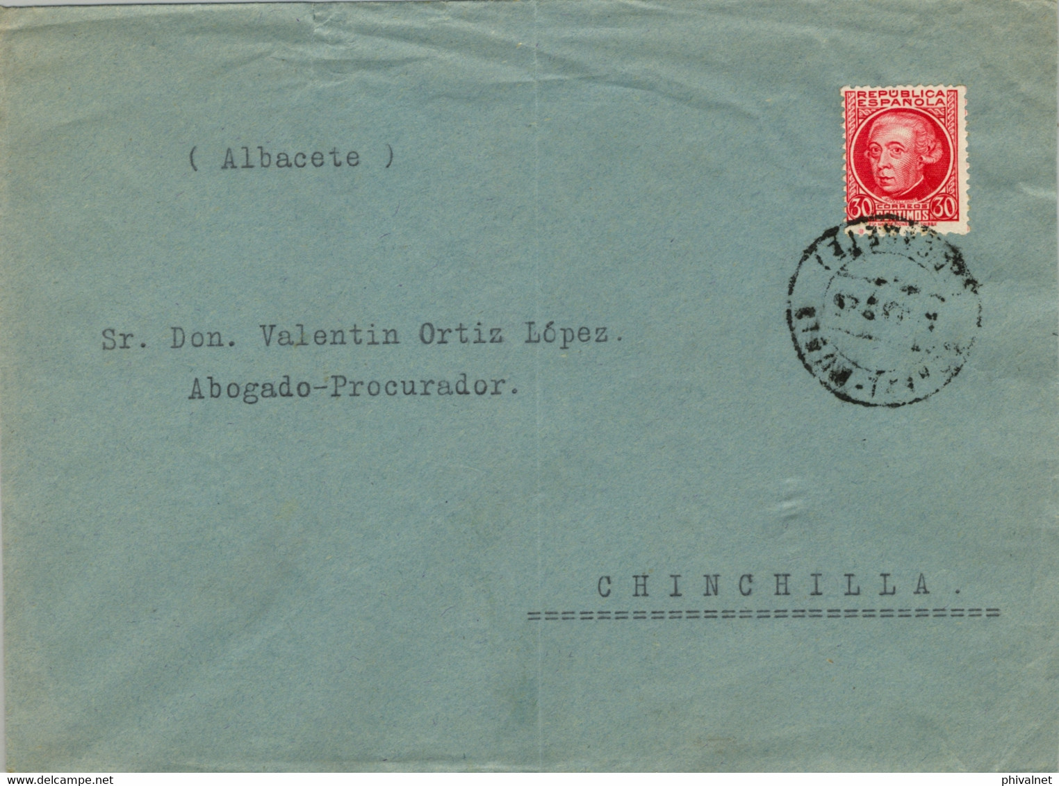 1935  ALBACETE , SOBRE CIRCULADO DE CORRAL RUBIO A CHINCHILLA , LLEGADA EN AZUL AL DORSO - Storia Postale