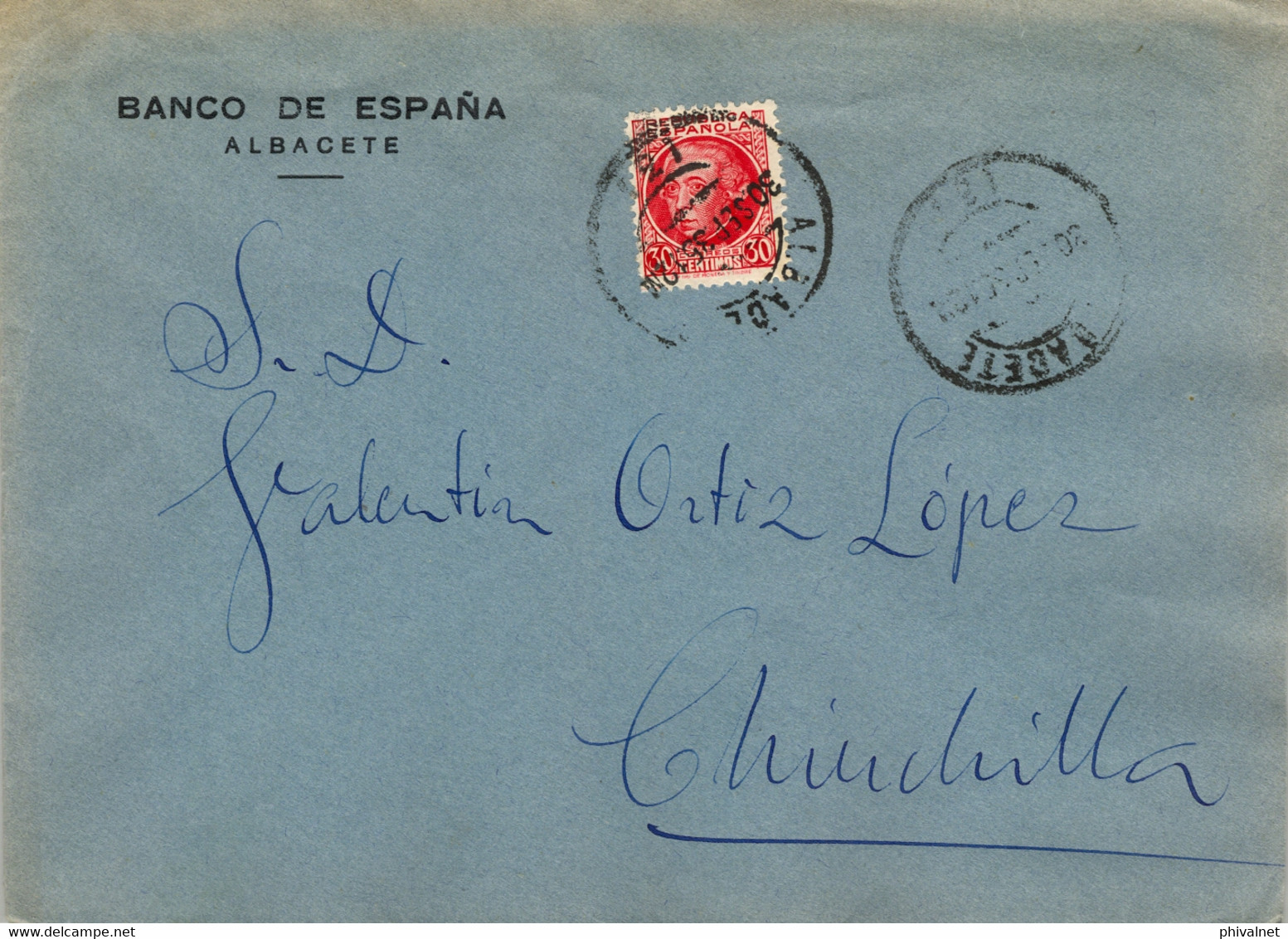 1935  ALBACETE , SOBRE CIRCULADO  A CHINCHILLA , BANCO DE ESPAÑA - Lettres & Documents