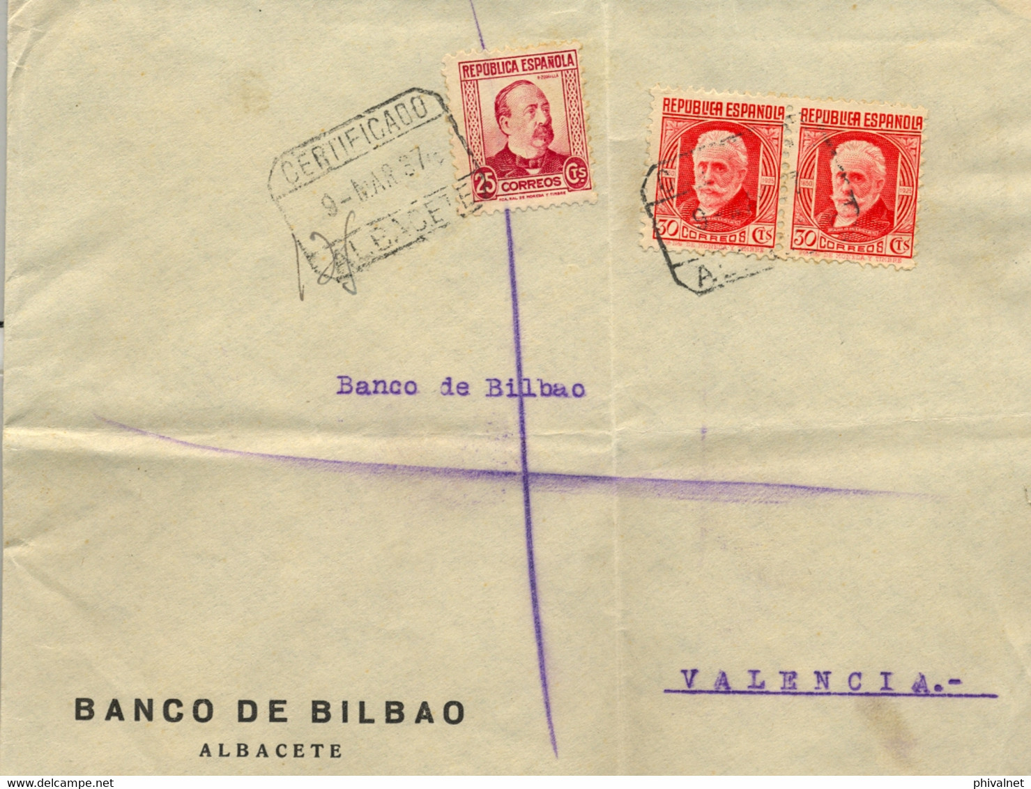 1937  ALBACETE , SOBRE CERTIFICADO  A VALENCIA , BANCO DE BILBAO - Brieven En Documenten