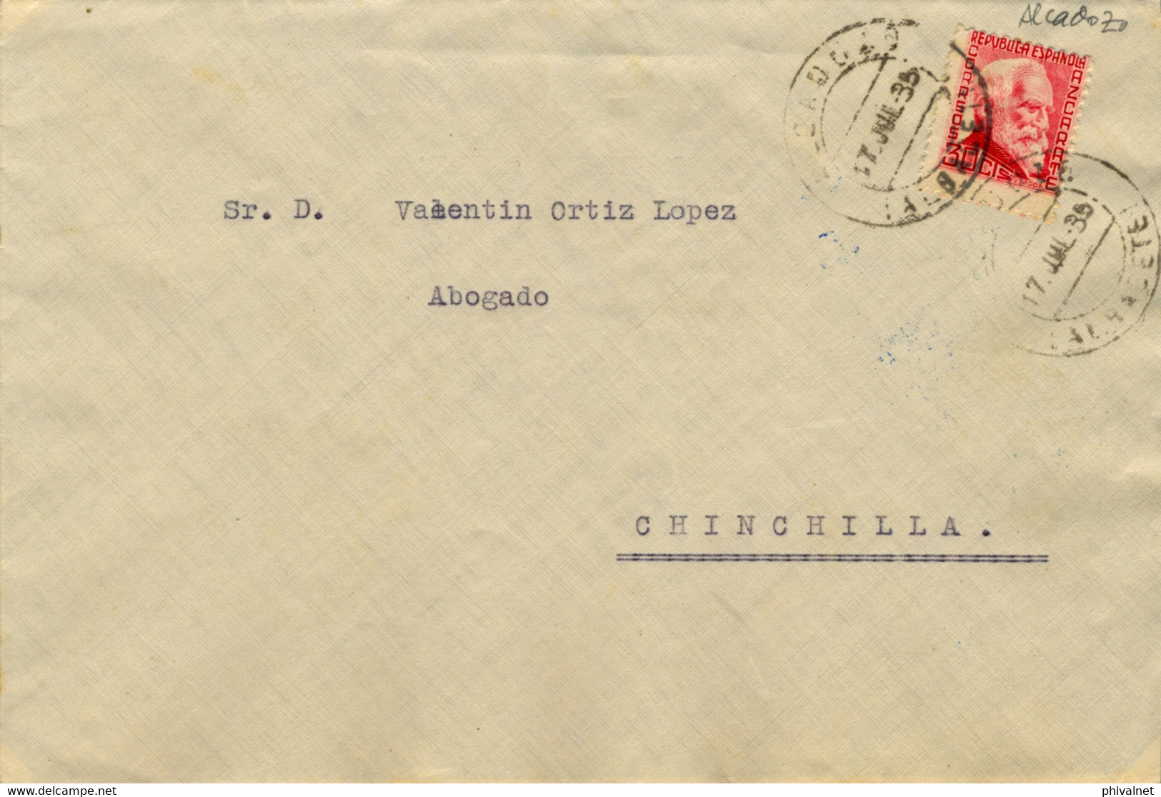 1935 ALBACETE , SOBRE CIRCULADO ENTRE ALCADOZO Y CHINCHILLA ,  LLEGADA EN AZUL AL DORSO - Lettres & Documents