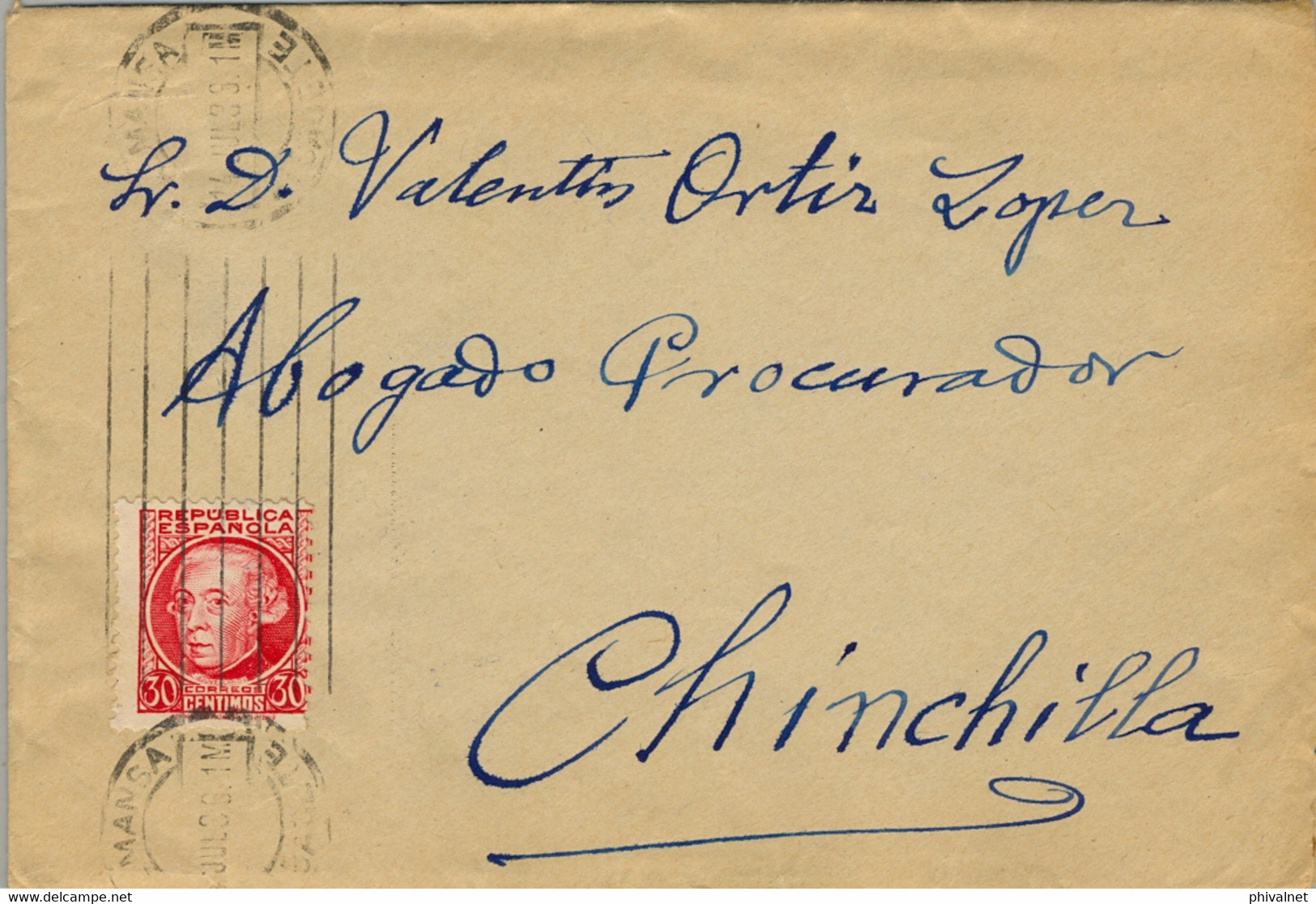 1936 ALBACETE , SOBRE CIRCULADO ENTRE ALMANSA Y CHINCHILLA ,  LLEGADA EN AZUL AL DORSO - Covers & Documents