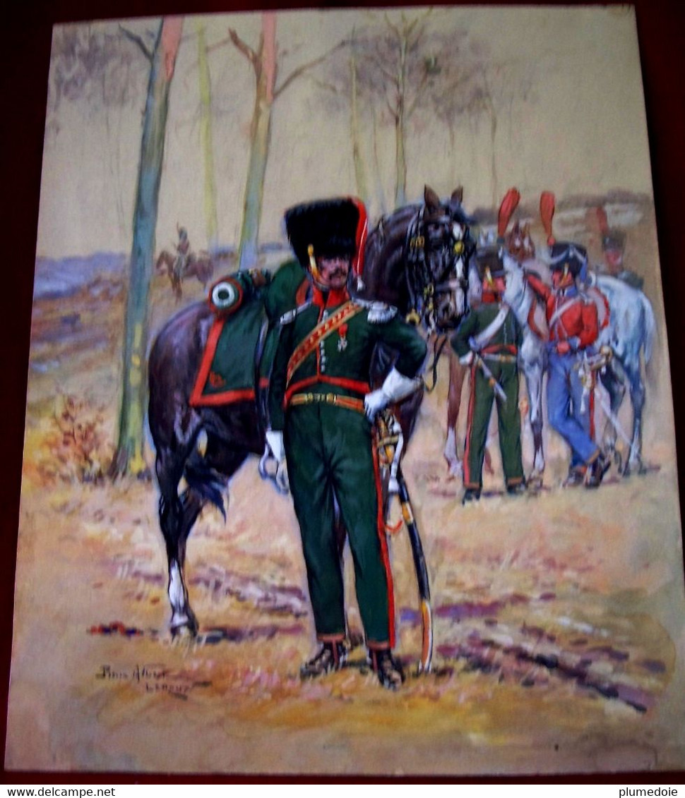 GOUACHE & AQUARELLE ORIGINALE Signée PIERRE ALBERT LEROUX: CHASSEURS A CHEVAL DE 1807 . MILITARIA - Estampas