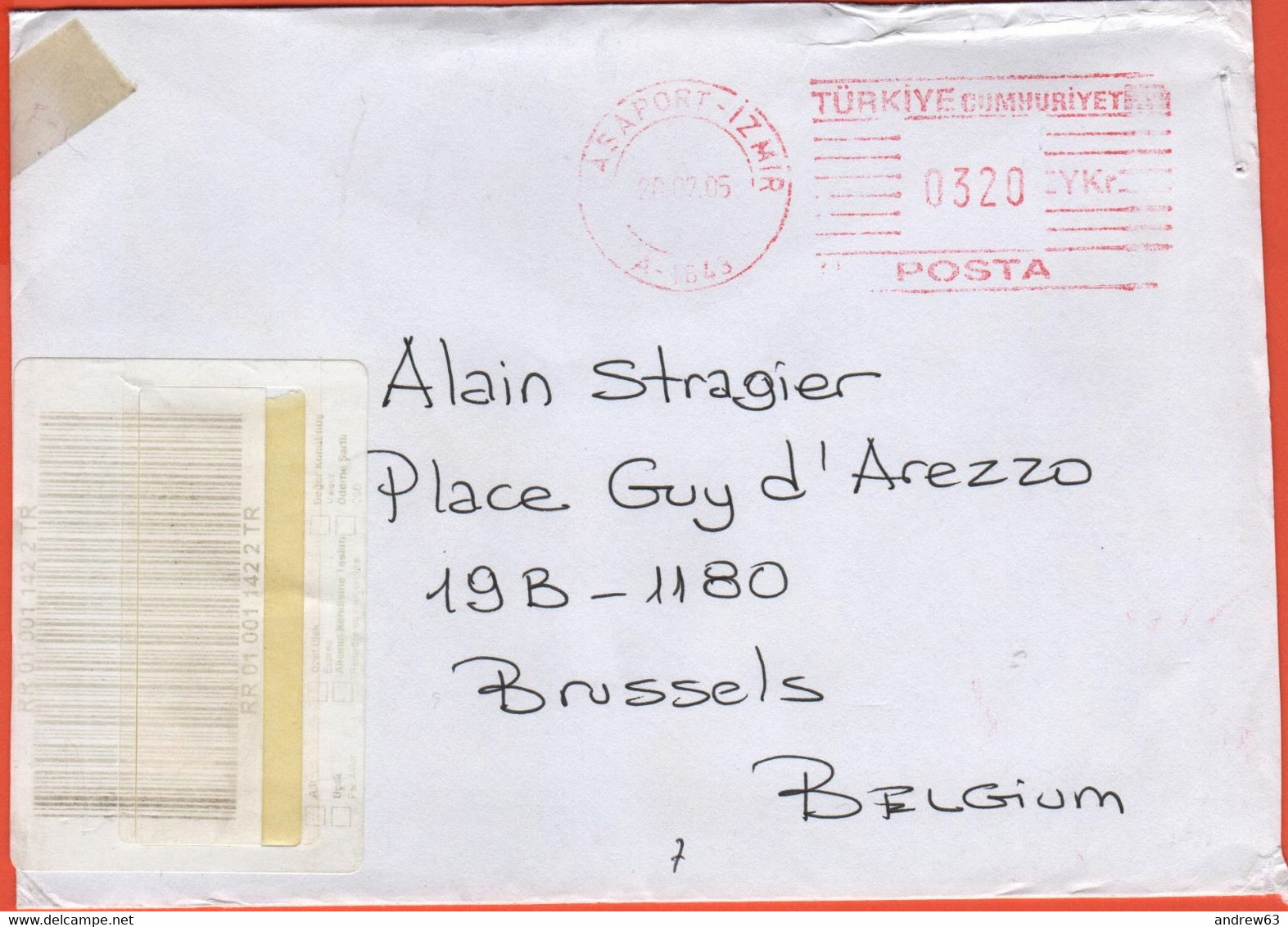 TURCHIA - TURKEY - 2005 - 0320 Ema,Red Cancel - Registered - Viaggiata Da Izmir Per Brussels, Belgium - Lettres & Documents