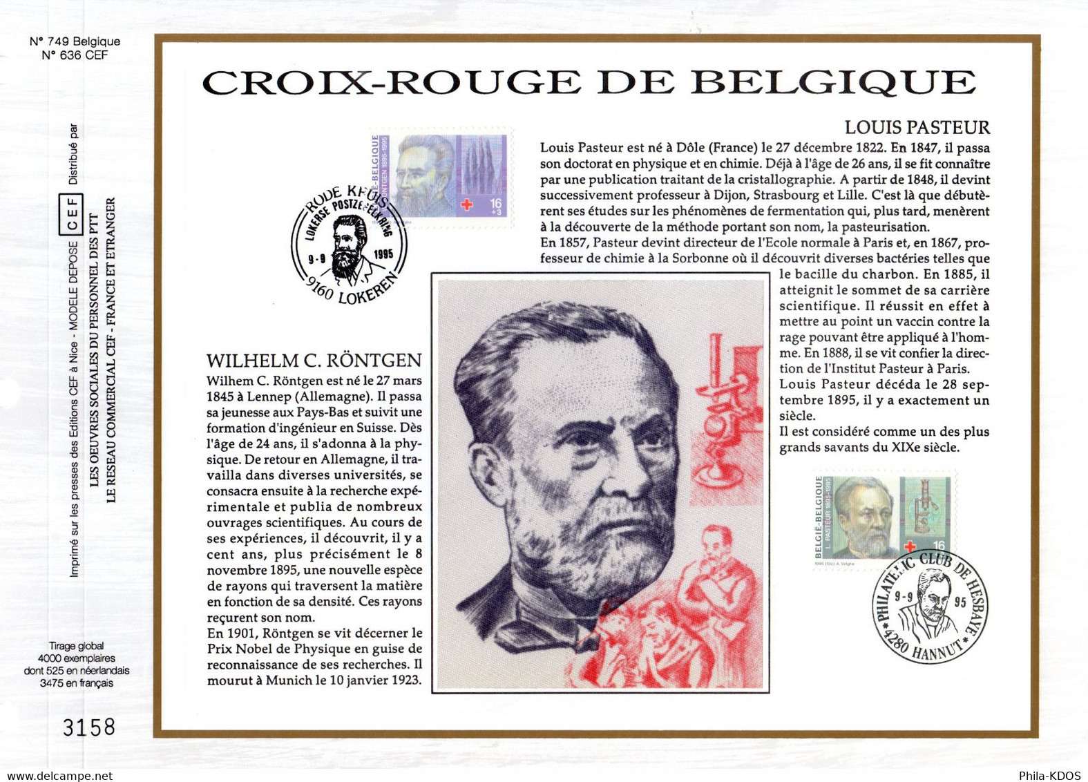 3800 Ex. " BELGIQUE 1995 :  CROIX-ROUGE / PASTEUR " Sur Feuillet CEF 1er Jour N°té Sur Soie N° YT 2613 2614 FDC - Louis Pasteur