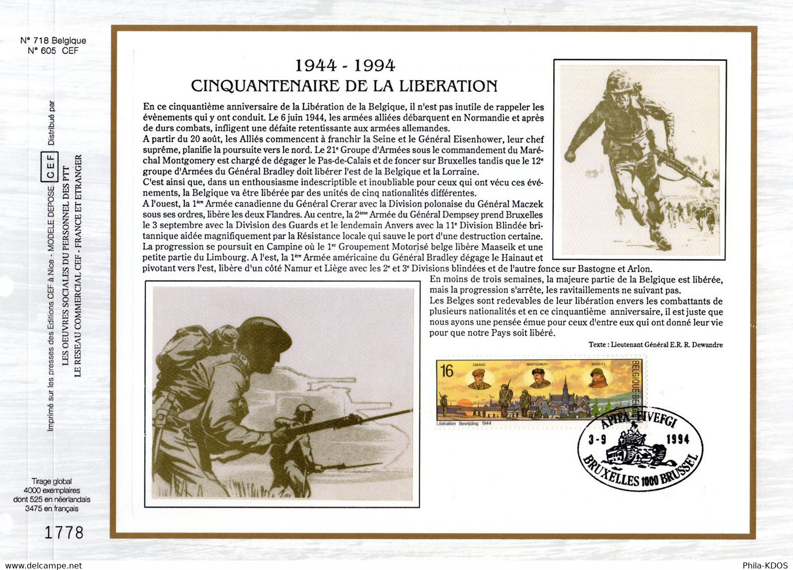 3800 Ex. 1994 " 50 ANS DE LA LIBERATION DE LA BELGIQUE " Sur Feuillet CEF 1er Jour N°té Sur Soie N° YT 2571 FDC - WW2