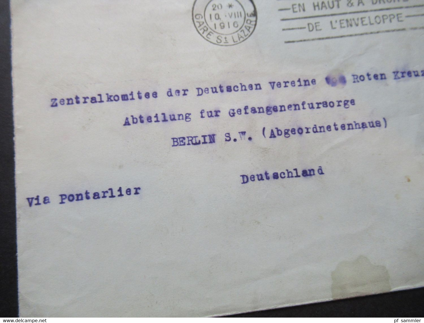 Frankreich 1916 Kriegsgefangenen Sendung Paris Gare St. Lazare Rote Kreuz Gefangenenfürsorge Abgeordnetenhaus Berlin - Covers & Documents