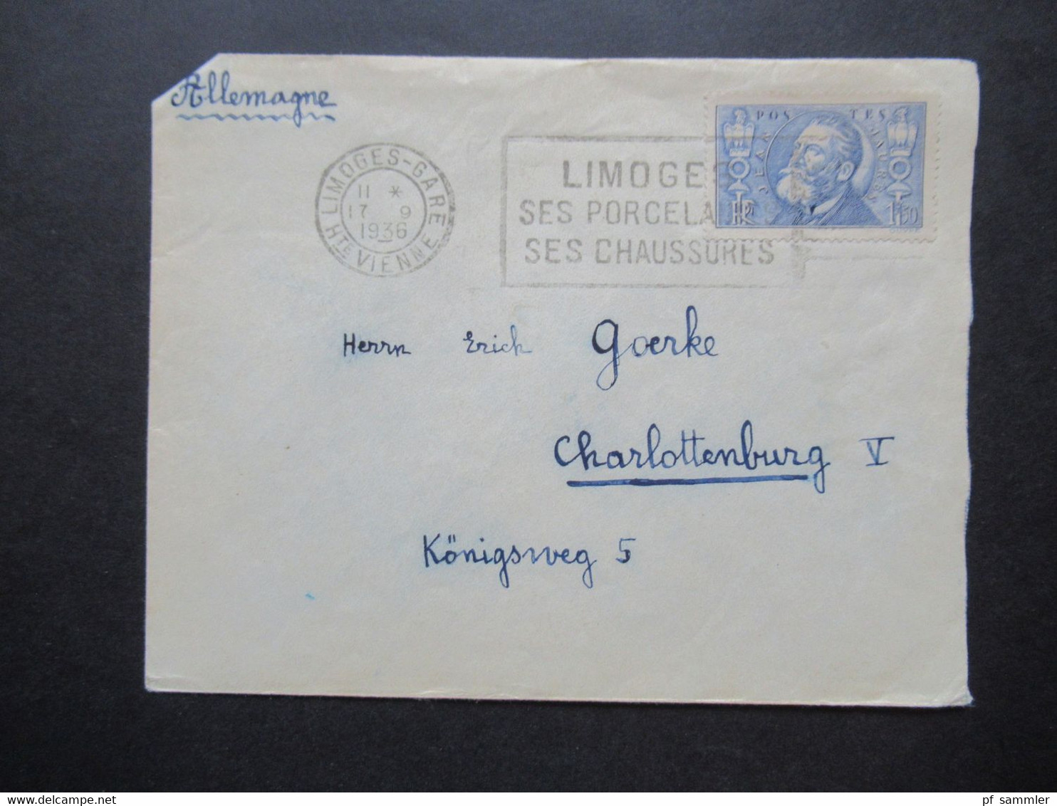 Frankreich 1936 Todestag Jean Jaures Nr.325 EF Stempel Limoges Gare Nach Charlottenburg Gesendet - Briefe U. Dokumente