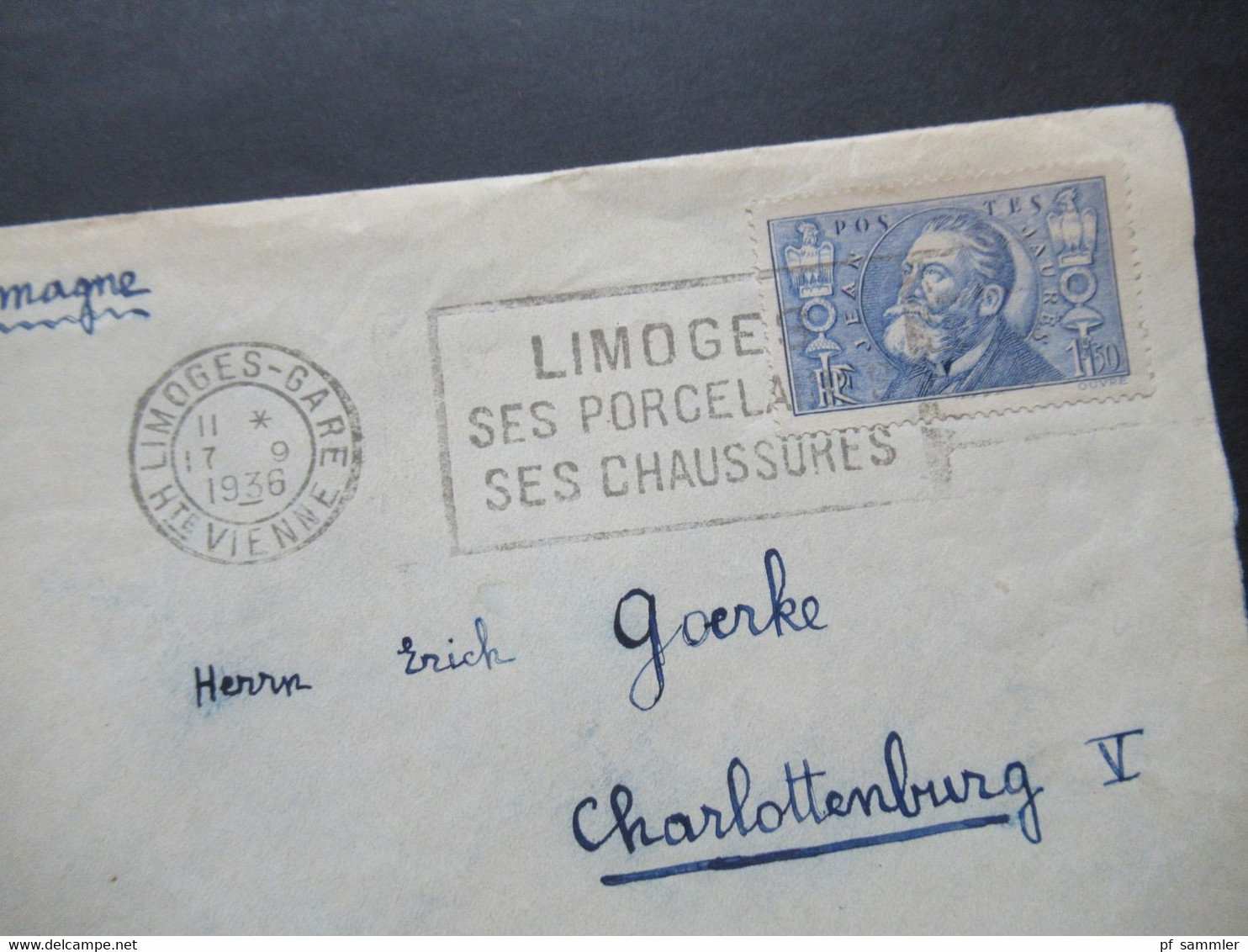 Frankreich 1936 Todestag Jean Jaures Nr.325 EF Stempel Limoges Gare Nach Charlottenburg Gesendet - Briefe U. Dokumente