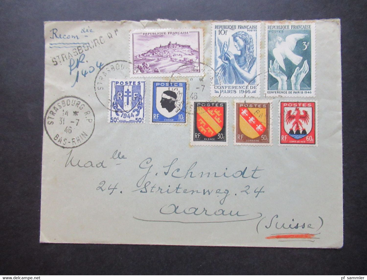 Frankreich 1946 MiF Einschreiben Reco Strasbourg R.P. Nach Aarau Schweiz Mit Ank. Stempel Aarau 1 Briefe - Cartas & Documentos