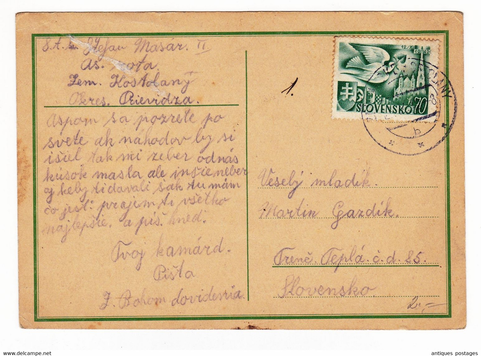 Post Card 1942 Kostoľany Slovaquie Slovensko Slovenská Republika - Briefe U. Dokumente