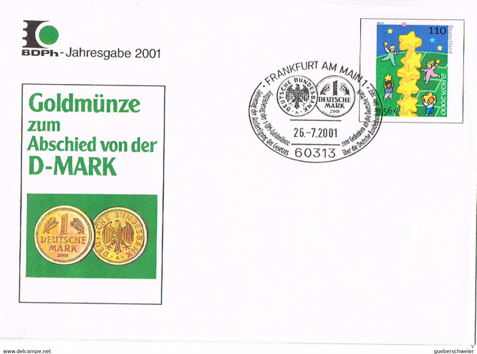 L-ALL-297 - ALLEMAGNE Entier Postal Enveloppe Europa 2000 Ill Et Obl. Monnaie En Or  Franckfort - Enveloppes Privées - Oblitérées