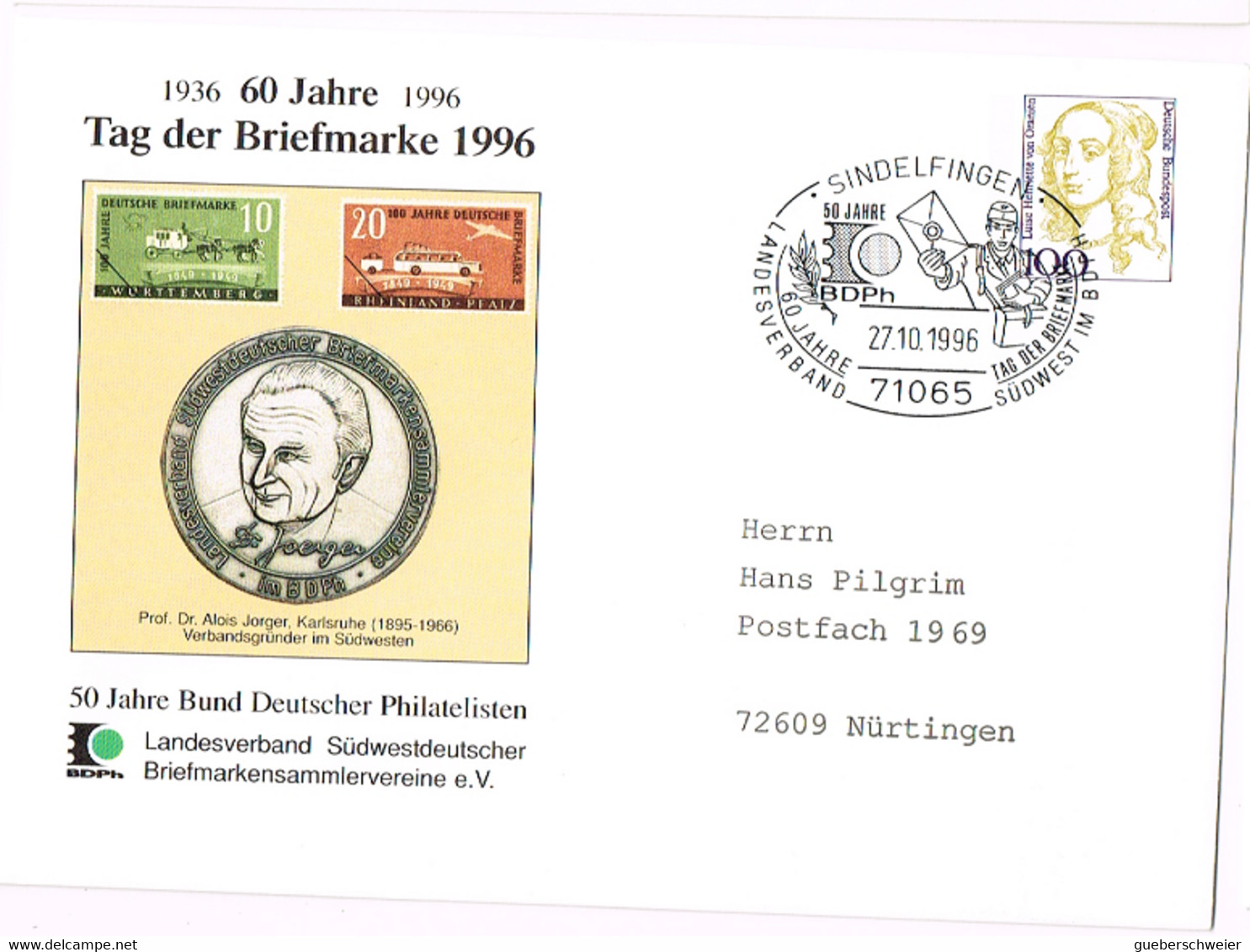 L-ALL-300 - ALLEMAGNE Entier Postal Enveloppe 60e Anniv. De La Journée Du Timbre 1996 Sindelfingen - Cartes Postales Privées - Oblitérées