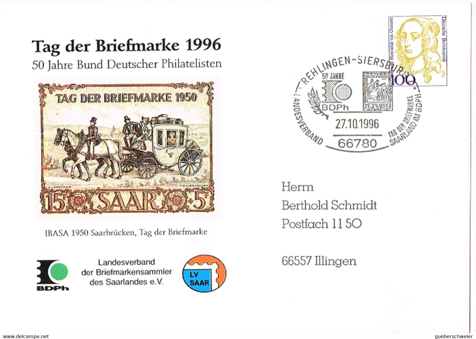 L-ALL-308 - ALLEMAGNE Entier Postal Enveloppe Journée Du Timbre 1996 Rehlingen - Siersburg - Enveloppes Privées - Oblitérées