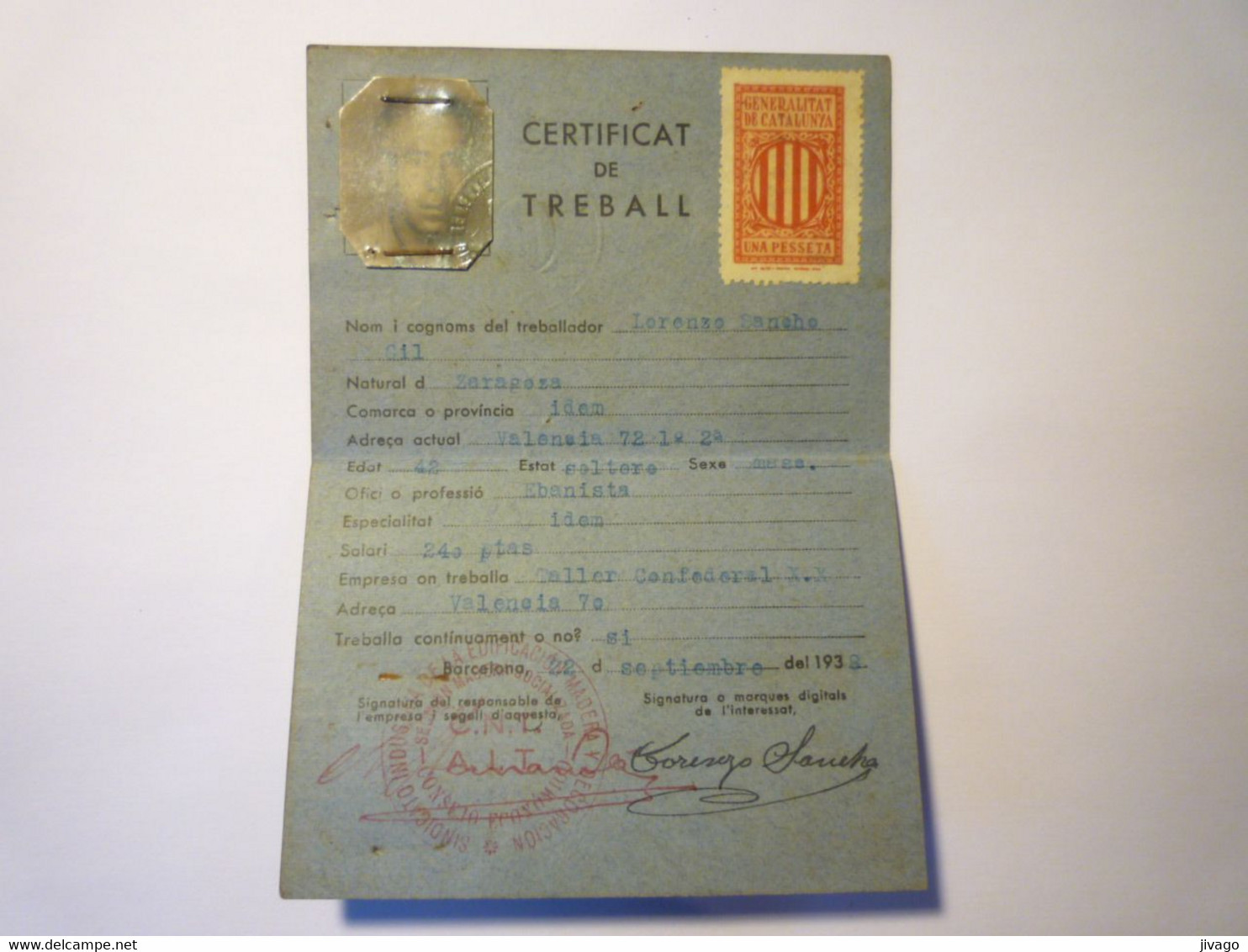 2021 - 3831  CERTIFICAT De TREBALL  :  BARCELONA 1938 Avec TIMBRE FISCAL  XXX - Non Classés
