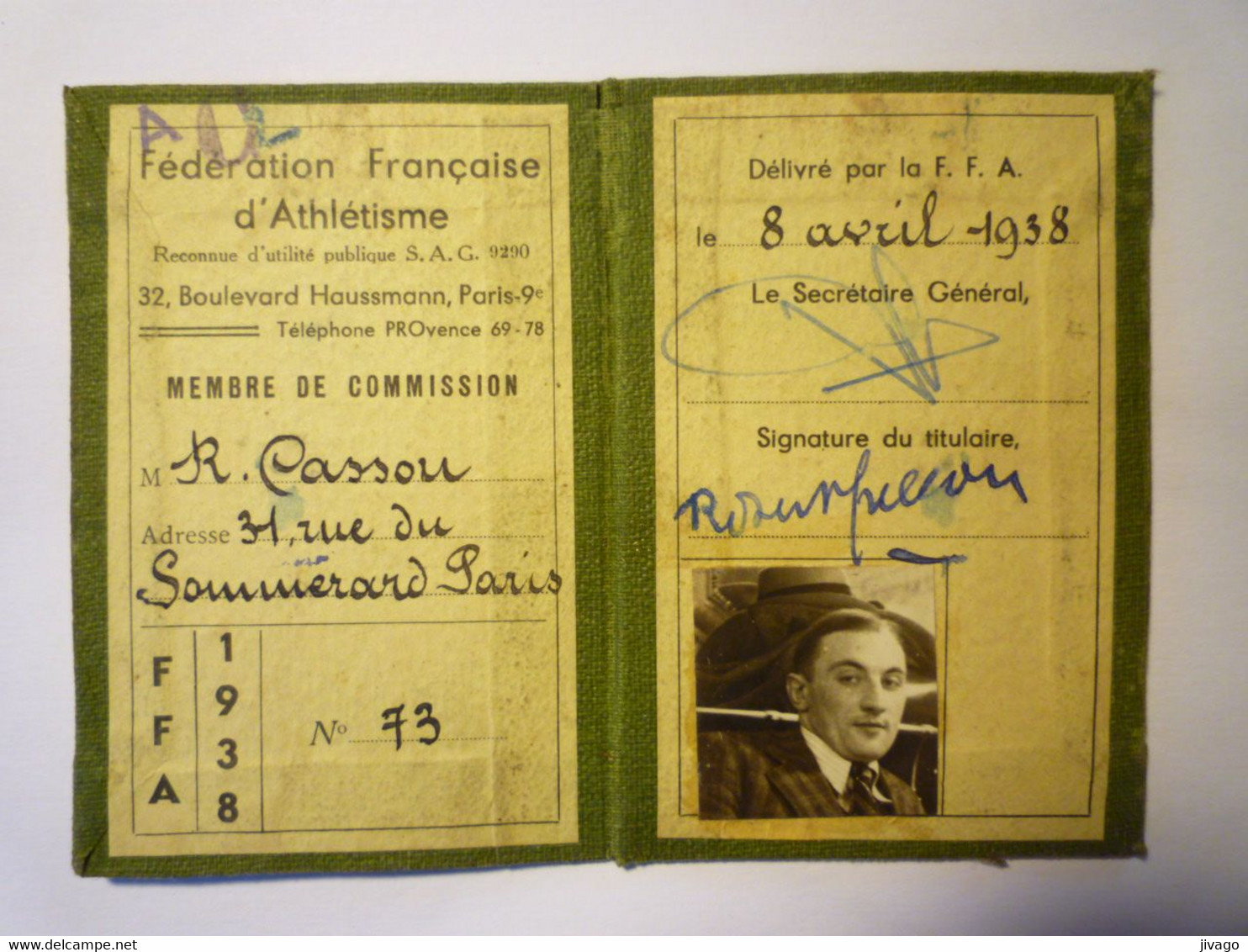 2021 - 3833  Fédération Française D'Athlétisme  :  CARTE De MEMBRE De COMMISSION  1938  RARE  XXX - Athlétisme