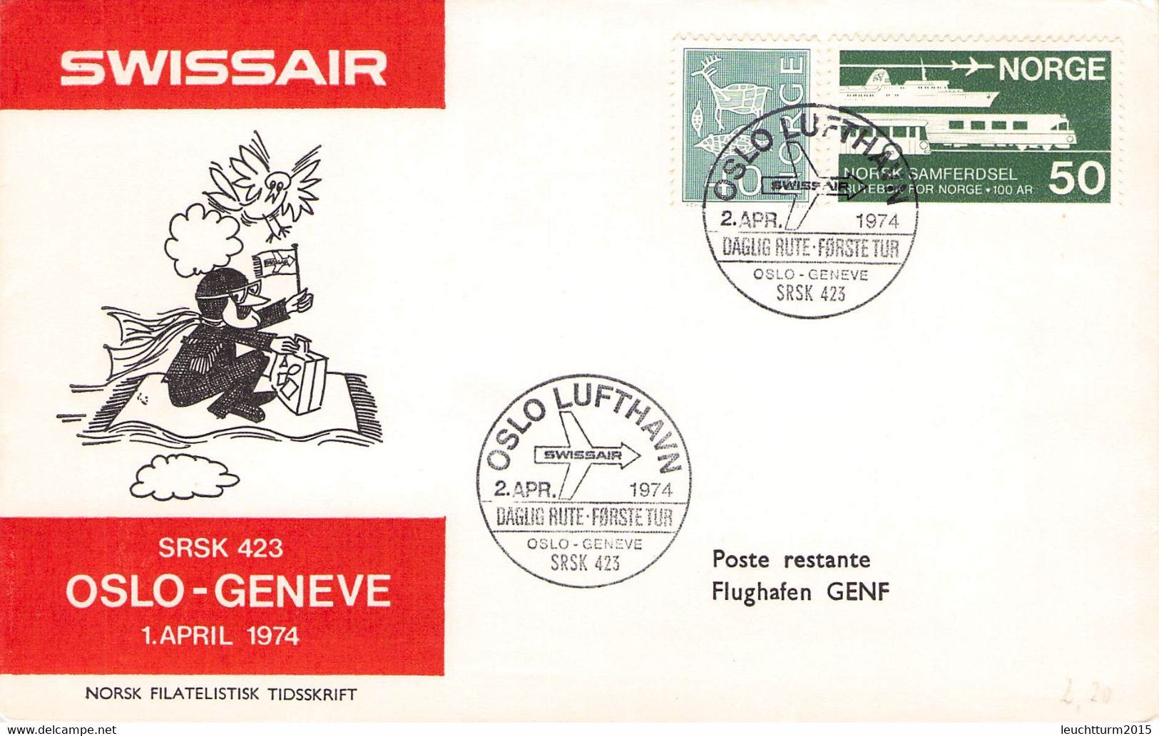 NORWAY - SWISSAIR SRSK 423 OSLO-GENEVE 1. APRIL 1974/ QG 168 - Lettres & Documents