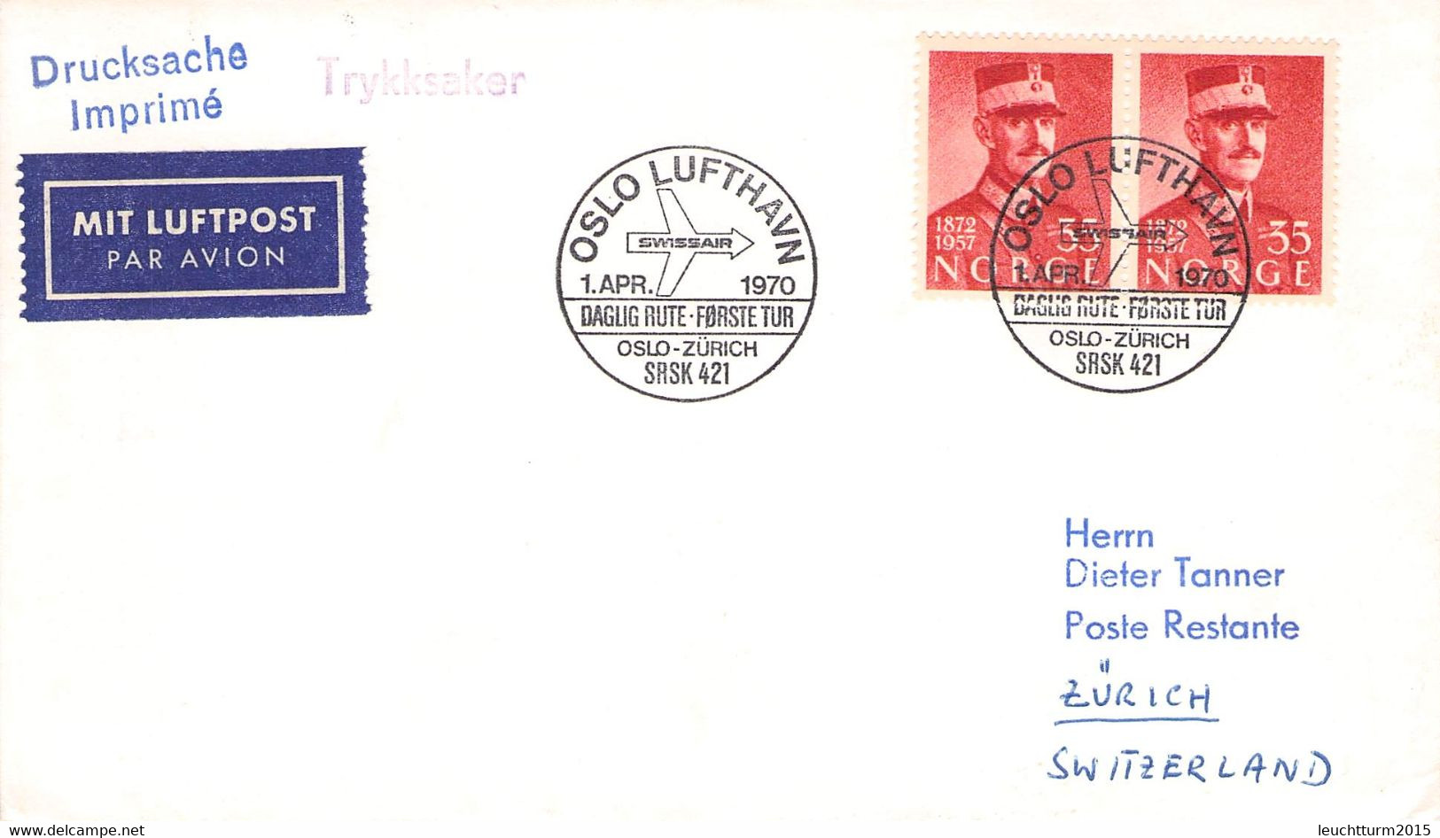 NORWAY - SWISSAIR SRSK 421 OSLO-ZÜRICH 1. APRIL 1970 / QG 169 - Storia Postale