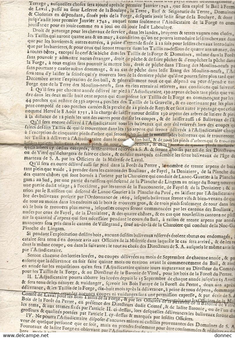 PLACARD Affiche La Grande Forge Du Port Brillet , " Près Laval A Donner  à Ferme " 1738 ( Duc De La Trémoille ) - Historische Documenten