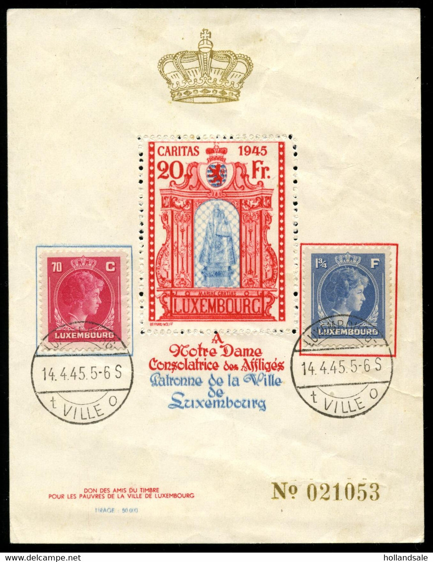 LUXEMBOURG - 1945 Special CARITAS Sheet With 20fr Altar And Shrine Of Madonna. 2 Regular Stamps Affixed. - Sonstige & Ohne Zuordnung