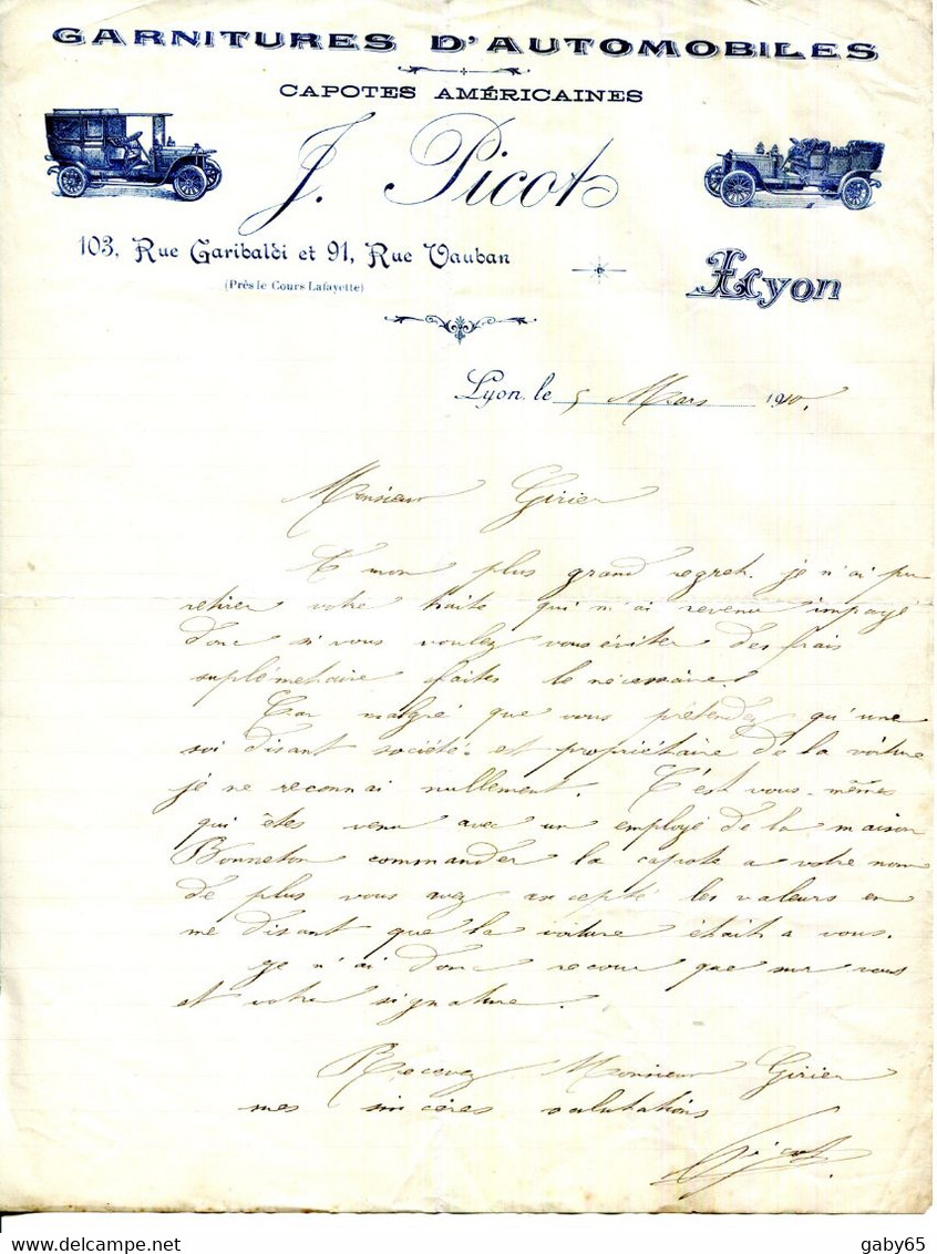 FACTURE.69.LYON.GARNITURES D'AUTOMOBILES.CAPOTES AMERICAINES.J.PICOT 103 RUE GARIBALDI & 91 RUE VAUBAN. - Auto's