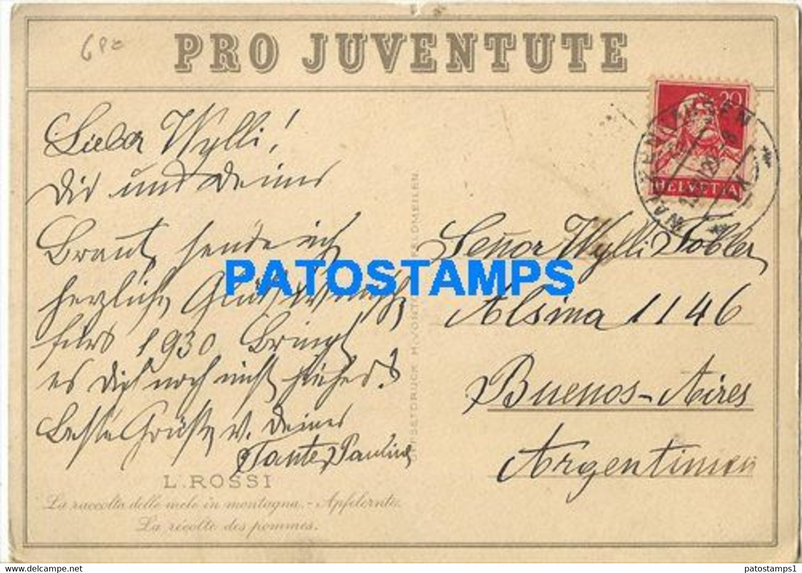 174628 SWITZERLAND ART SIGNED L. ROSSI HARVESTING APPLES PRO JUVENTUTE CIRCULATED TO ARGENTINA POSTAL POSTCARD - Apples