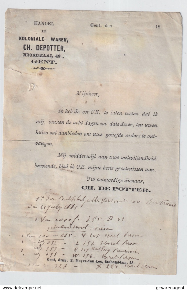 GENT 18?    HANDEL IN KOLONIALE WAREN - CH.DEPOTTER  NOORDKAAI 49 GENT - 1800 – 1899