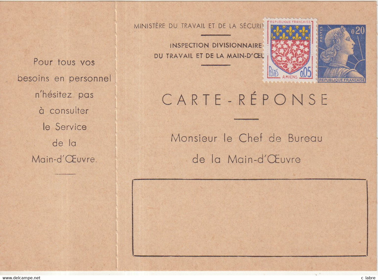 FRANCE : ENTIER POSTAL . 0.20 . TYPE MULLER . CPS . " MAIN D'OEUVRE " . 1960 . TB  . - Reply Coupons