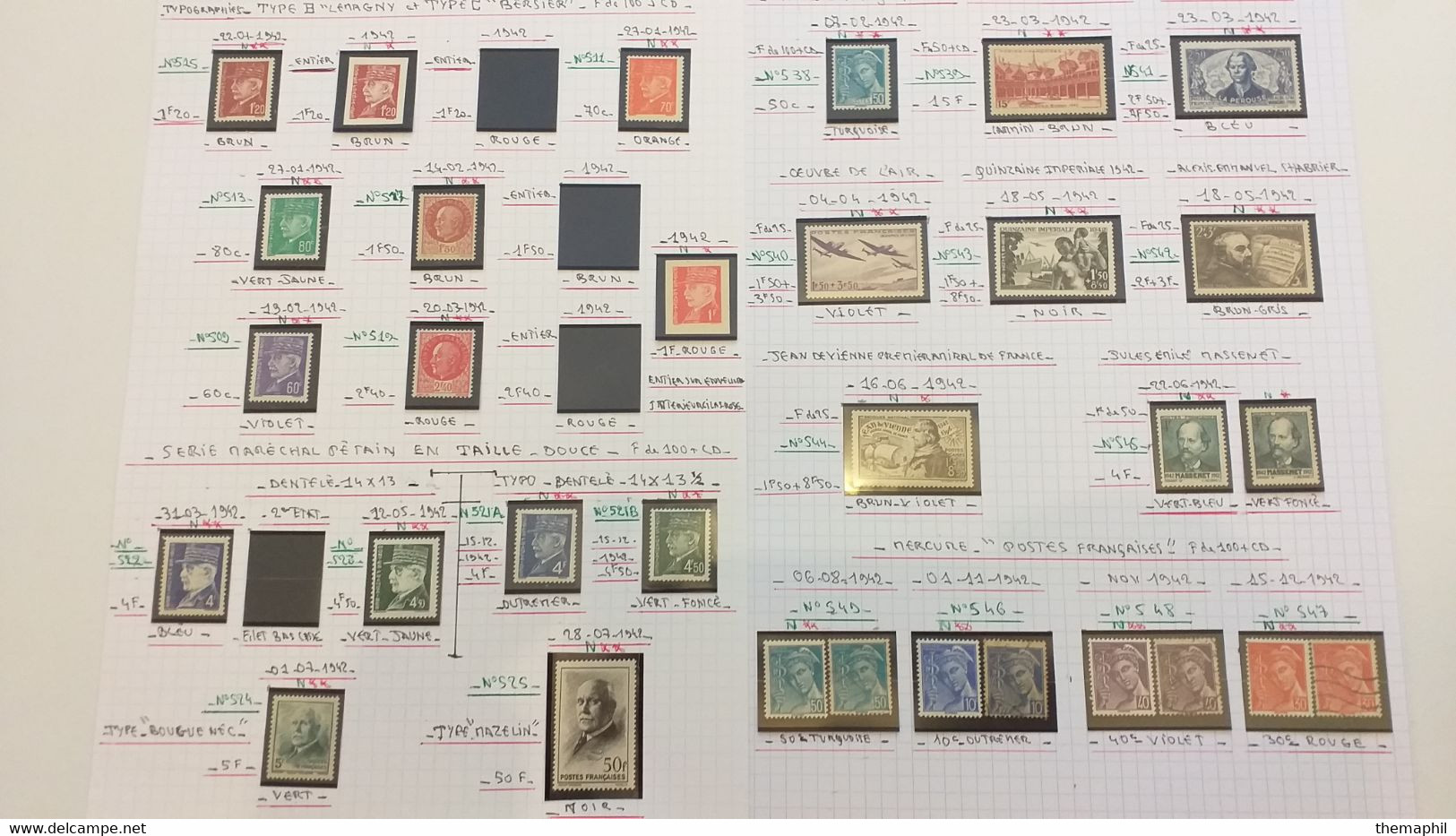 lots TH 940 FRANCE collection 1940 / 1959 neufs xx / x et obl . recherche de variétées