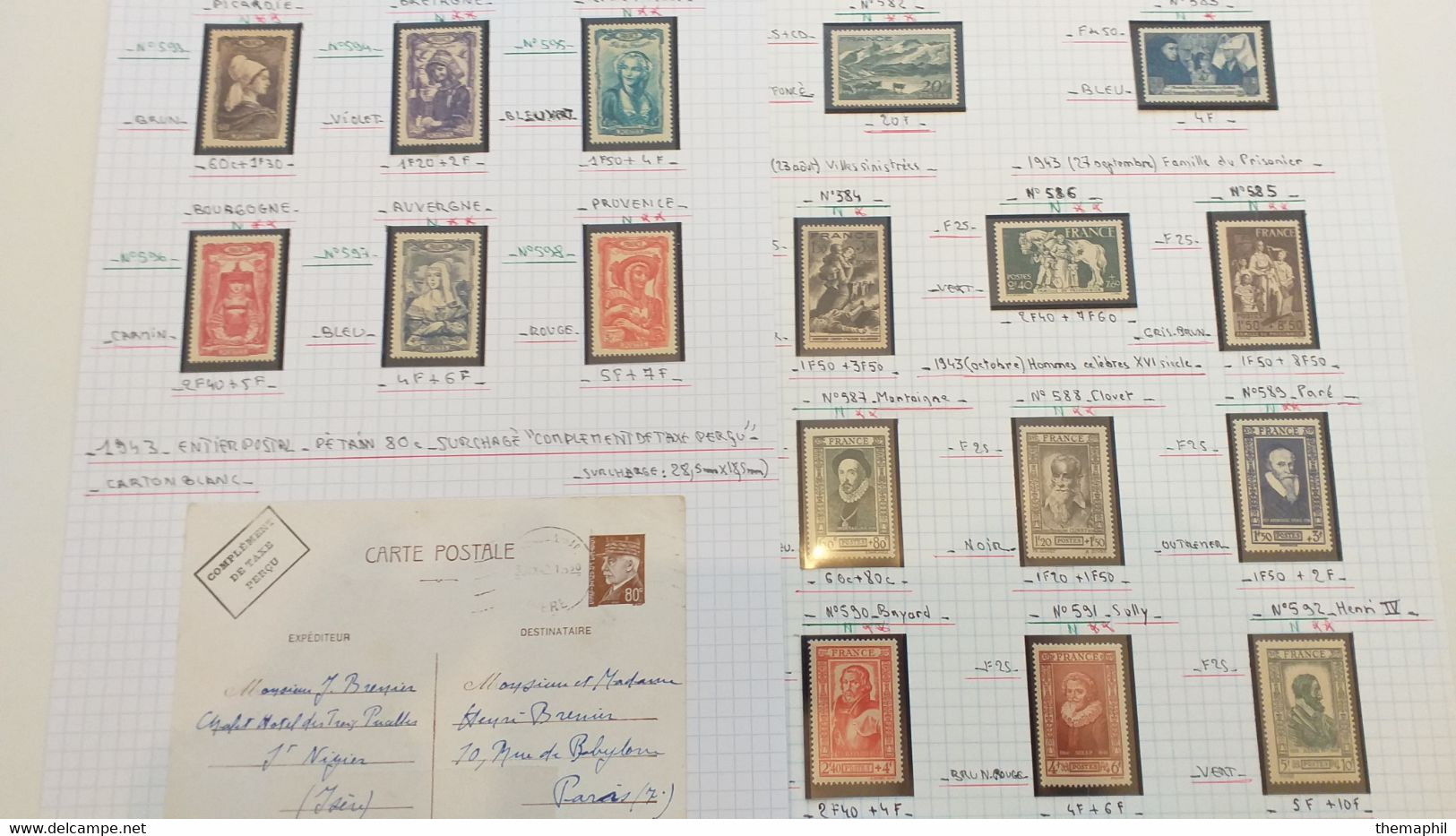 lots TH 940 FRANCE collection 1940 / 1959 neufs xx / x et obl . recherche de variétées