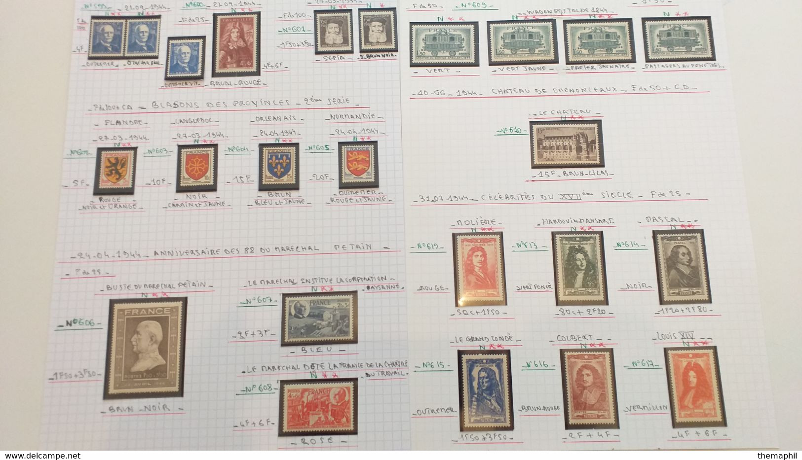 lots TH 940 FRANCE collection 1940 / 1959 neufs xx / x et obl . recherche de variétées