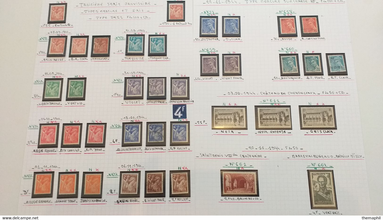 lots TH 940 FRANCE collection 1940 / 1959 neufs xx / x et obl . recherche de variétées