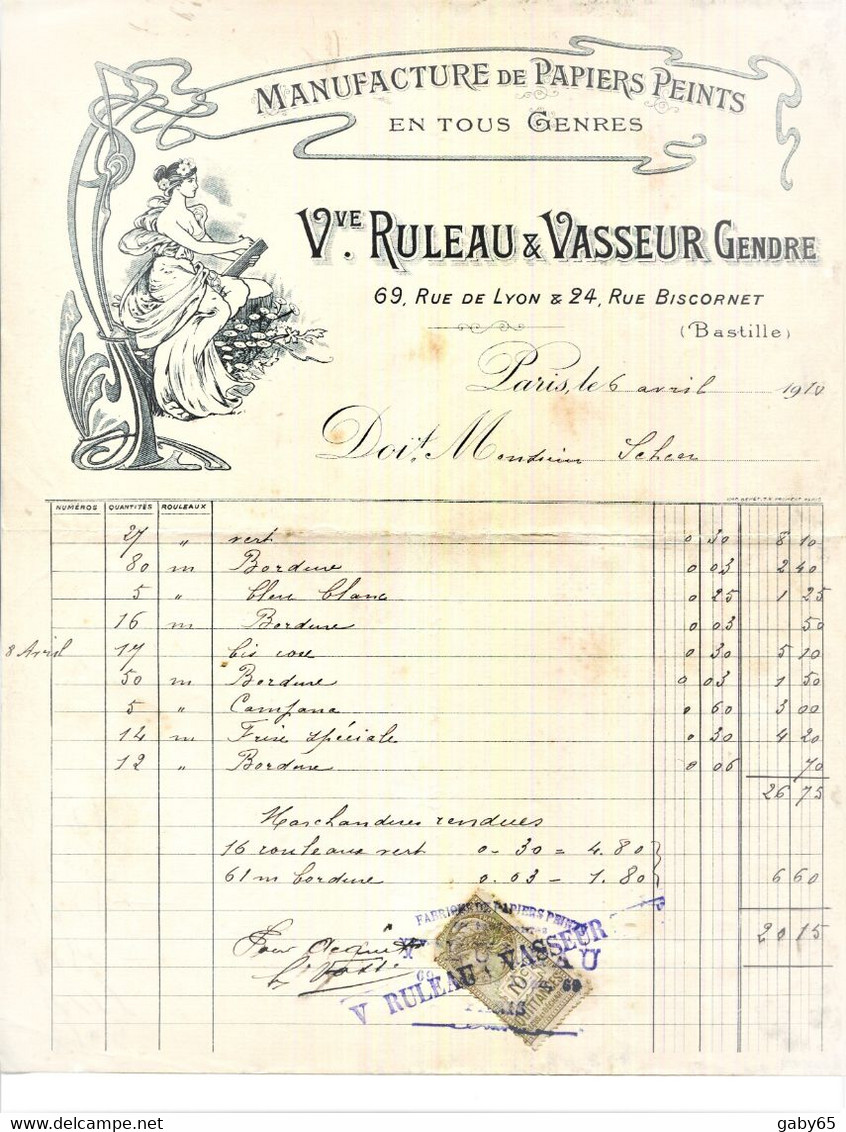 FACTURE.PARIS.MANUFACTURE DE PAPIERS PEINTS EN TOUS GENRES.Vve.RULEAU & VASSEUR GENDRE 69 RUE DE LYON. - Imprimerie & Papeterie