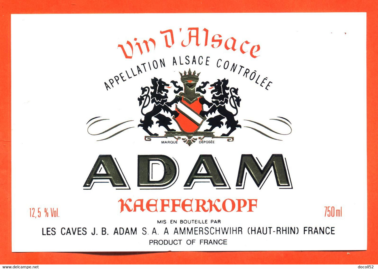 étiquette De Vin D'alsace Adam Kaefferkopp Adam à Ammerschwihr - 75 Cl - Riesling