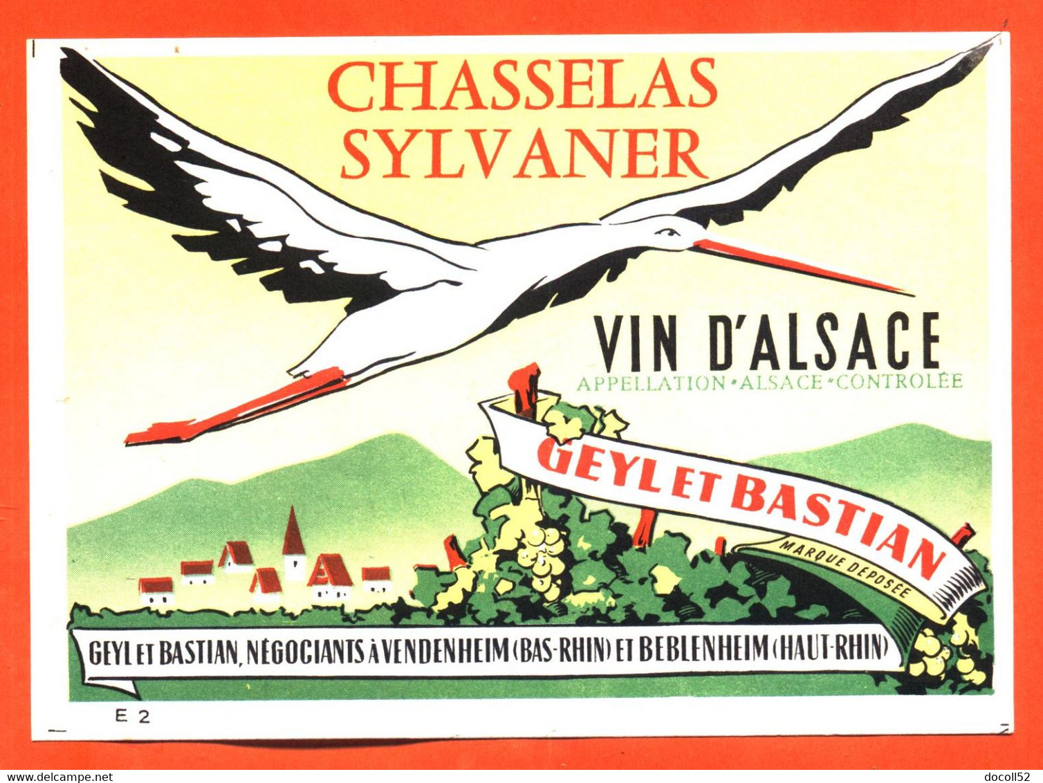 étiquette De Vin D'alsace Chasselas Sylvaner Geyl Et Bastian à Vendenheim - 75 Cl - Cigogne - Riesling