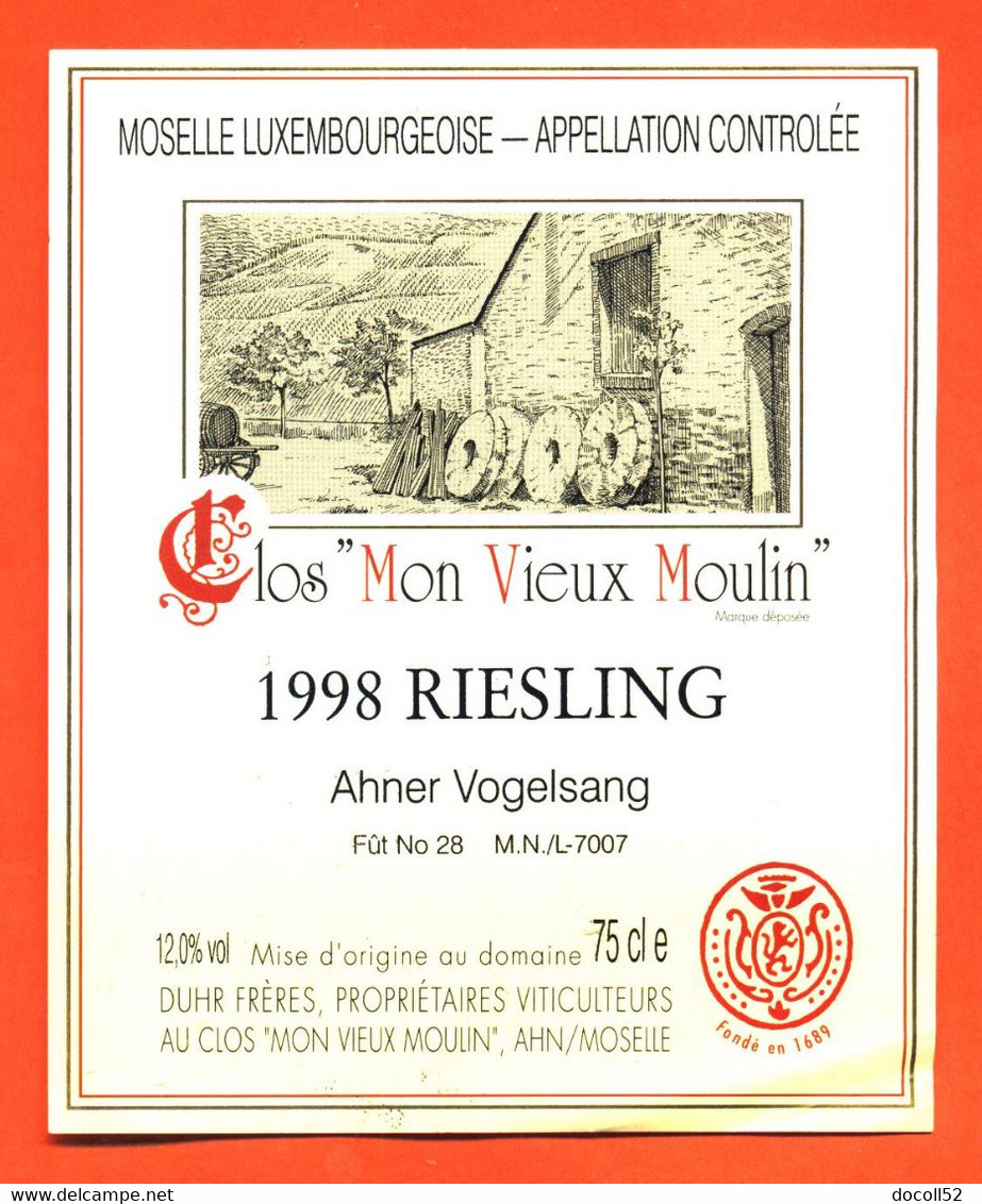 étiquette De Vin De La Moselle Luxembourgeoise Clos Mon Vieux Moulin 1998 Riesling Ahner Vogelsang Duhr à Ahn - 75 Cl - Vin De Pays D'Oc