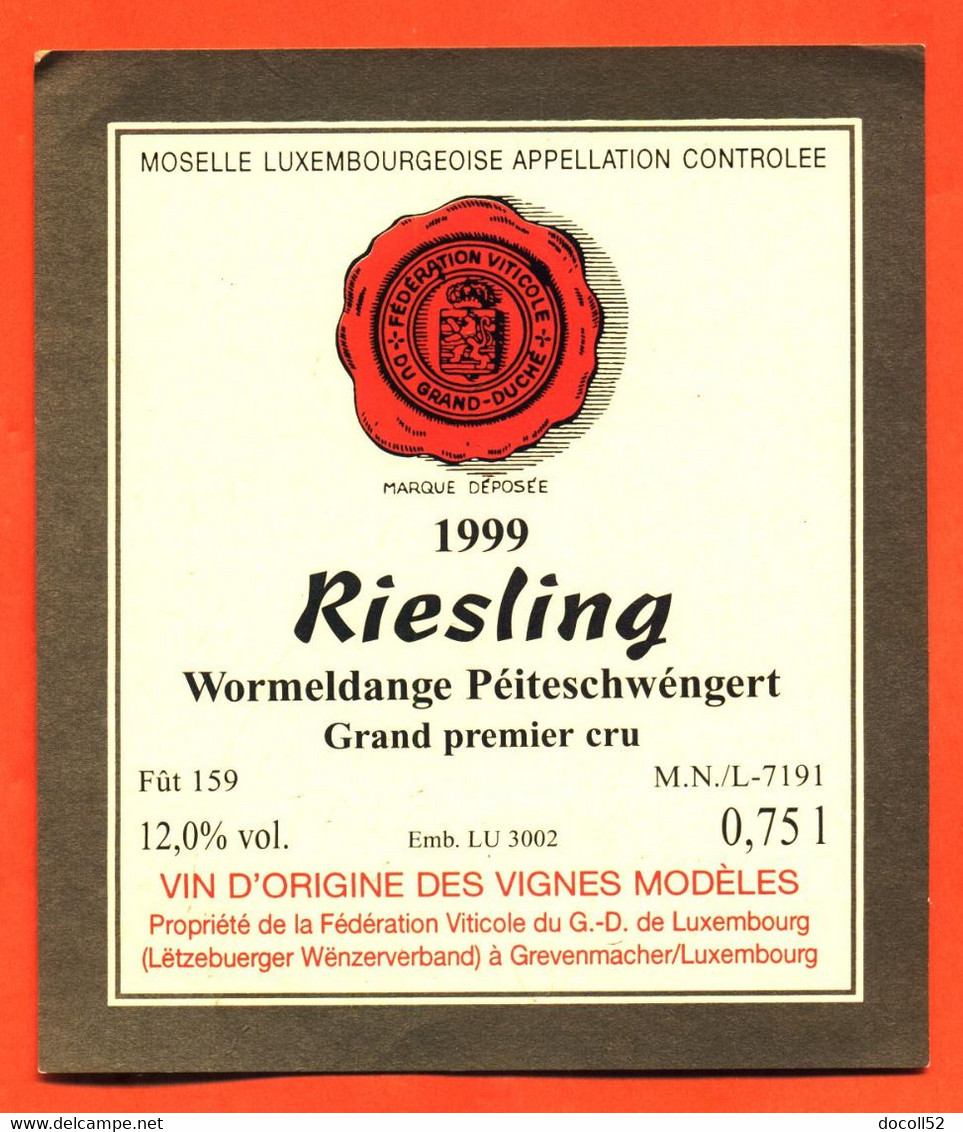 étiquette De Vin De La Moselle Luxembourgeoise Riesling 1999 Wormeldange Péiteschwéngert - 75 Cl - Vin De Pays D'Oc