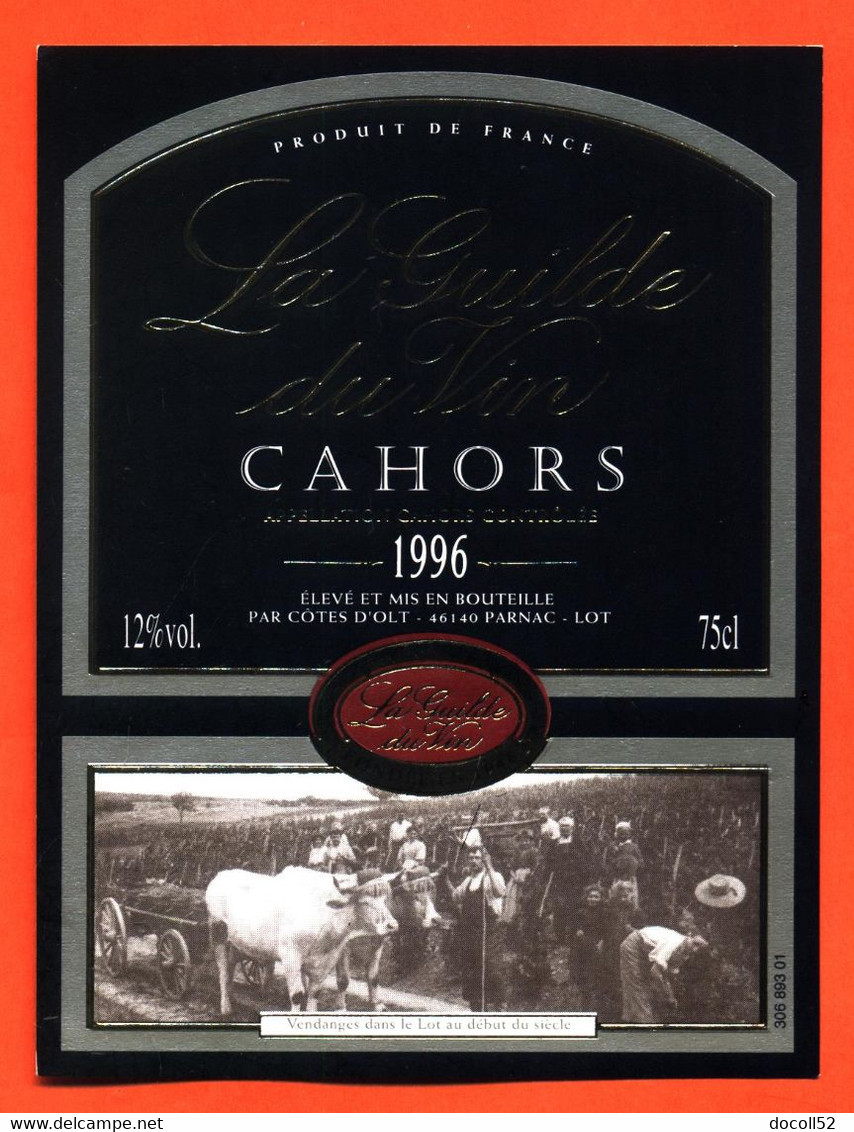 étiquette De Vin De Cahors La Guilde Du Vin 1996 Cotes D'olt à Parnac - 75 Cl - Cahors