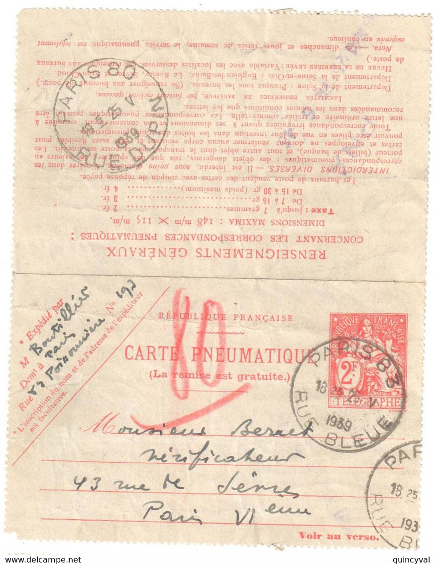 PARIS 83 Rue Bleue Carte Lettre Pneumatique 2 F Chaplain Yv 2606 Storch 2606 Ob 1938 - Pneumatic Post
