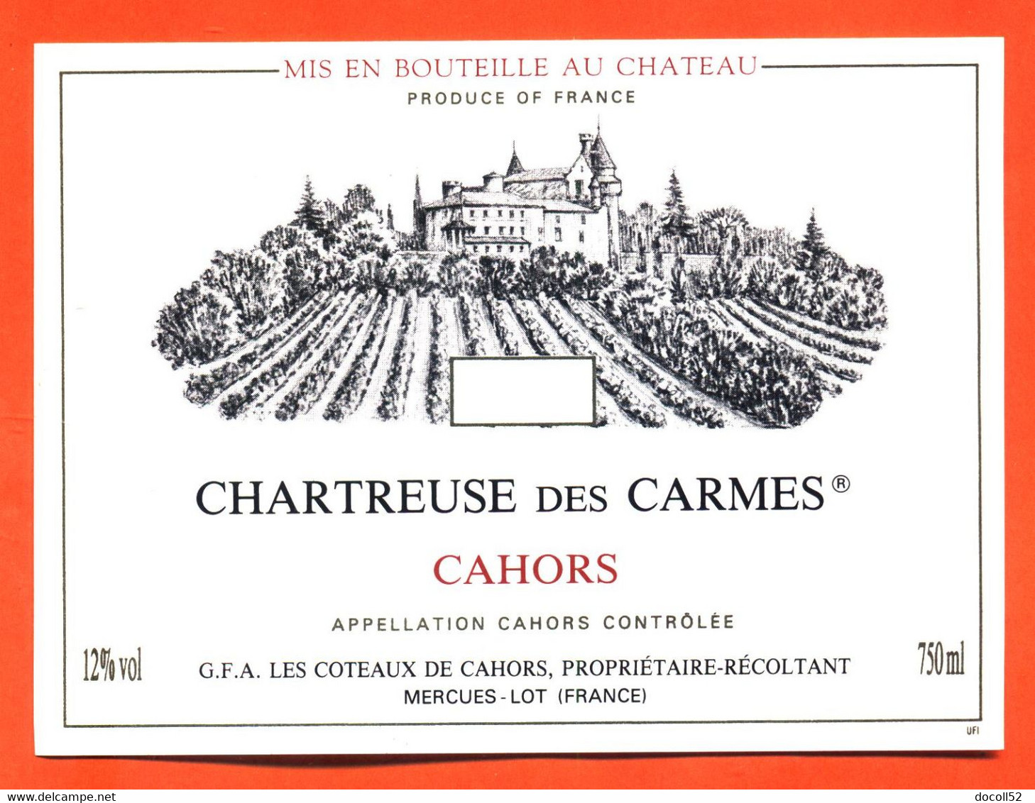 étiquette De Vin De Cahors Chartreuse Des Carmes GFA à Mercues - 75 Cl - Cahors